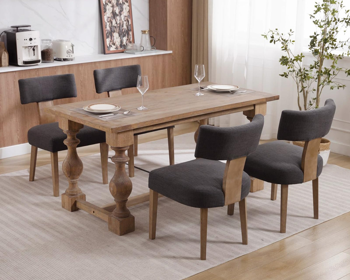 Hny Mid Century Modern Dining Chairs Set Of 4, Farmhouse Linen Upholstered Accent Chair Curved Backrest Kitchen Chairs, With Har