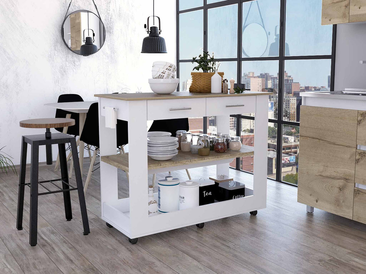 HomeRoots White - Light Oak Particle Board Light Oak and White Kitchen Island with Drawer Shelves and Casters