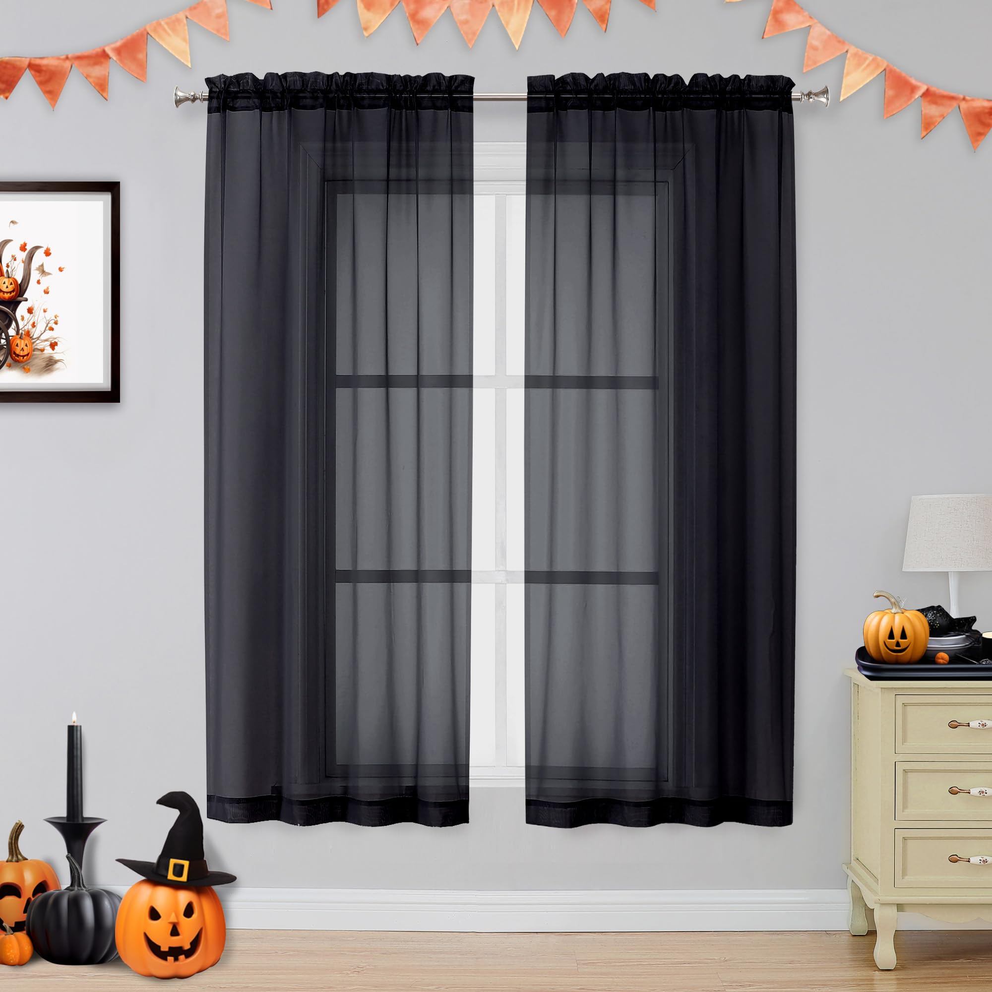 Ovzme 2 Panels Sheer Black Curtains 54 Inches Length Window Treatment For Kitchen, Elegant Airy Transparent Curtain Draperies Ro