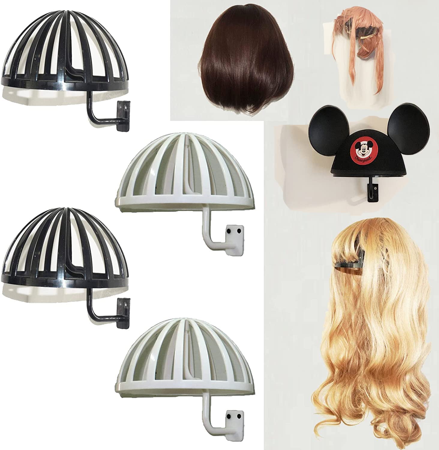 Pmsanzay 4 Pack Wall Mount Hanging Wig Stand, Wig Drying Holders, Plastic Wigs and Hats/Cap Rack Styling Drying Display Hangers,