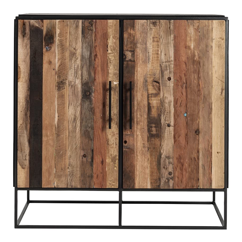 HomeRoots Natural & Black Mindi, Plywood, Recycled Boat Wood & Iron Modern Rustic Black and Natural Accent Cabinet