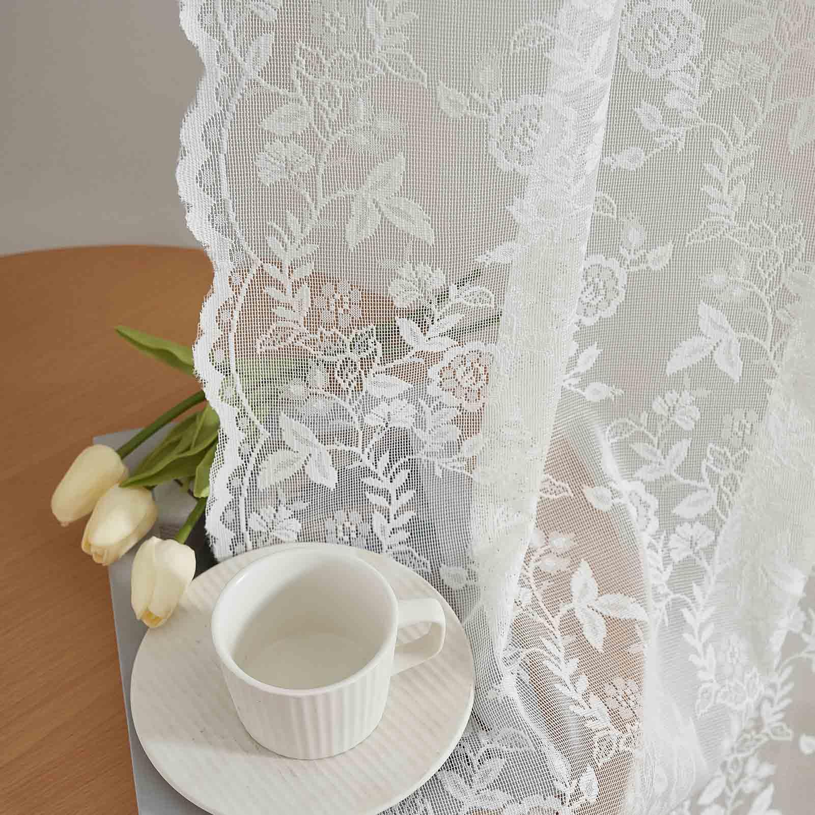 Finecity Lace Curtains 45 Inch Length For Kitchen Window, Rustic Leaf Floral Design Lace Kitchen Curtains 2 Panels, Rod Pocket F