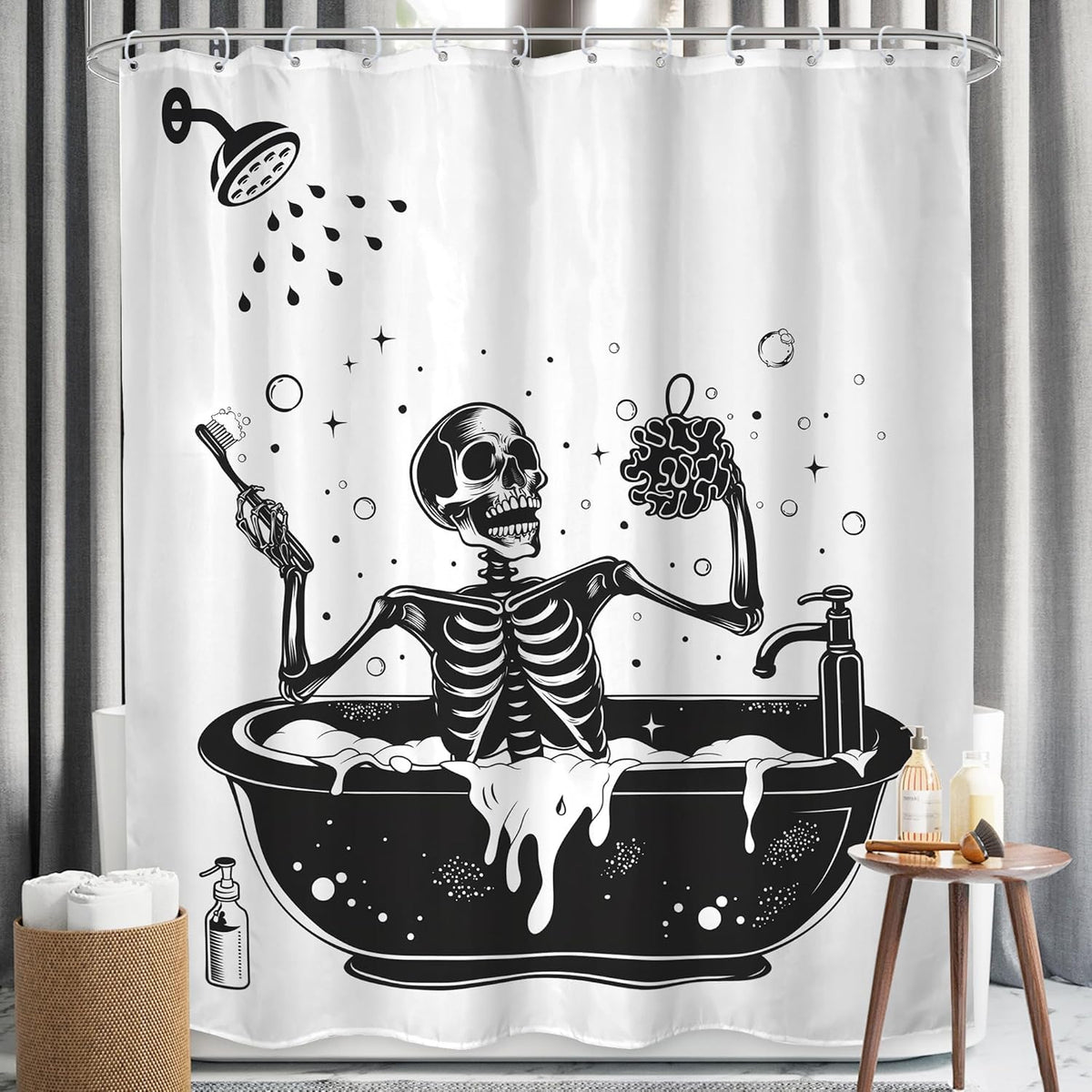 LGhtyro Funny Skull Shower Curtain Bathroom Set 71Wx71H Inches Black White Gothic Skeleton Bone Bathing in Bathtub Bubbles Spook