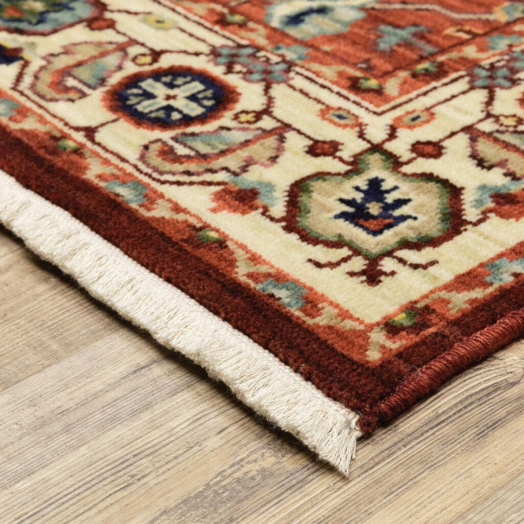 HomeRoots 509245 8 x 11 ft. Red Ivory Orange & Blue Oriental Power Loom Stain Resistant Rectangle Area Rug with Fringe