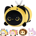 Mewaii Cute Black Cat Bee Plush Pillow, Kawaii Plushies Bee Stuffed Toy, Kitten Plushies with Honeybee Outfit Costume, Soft Squi