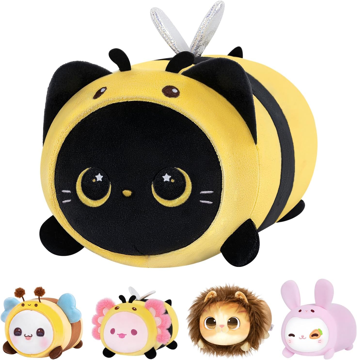 Mewaii Cute Black Cat Bee Plush Pillow, Kawaii Plushies Bee Stuffed Toy, Kitten Plushies with Honeybee Outfit Costume, Soft Squi