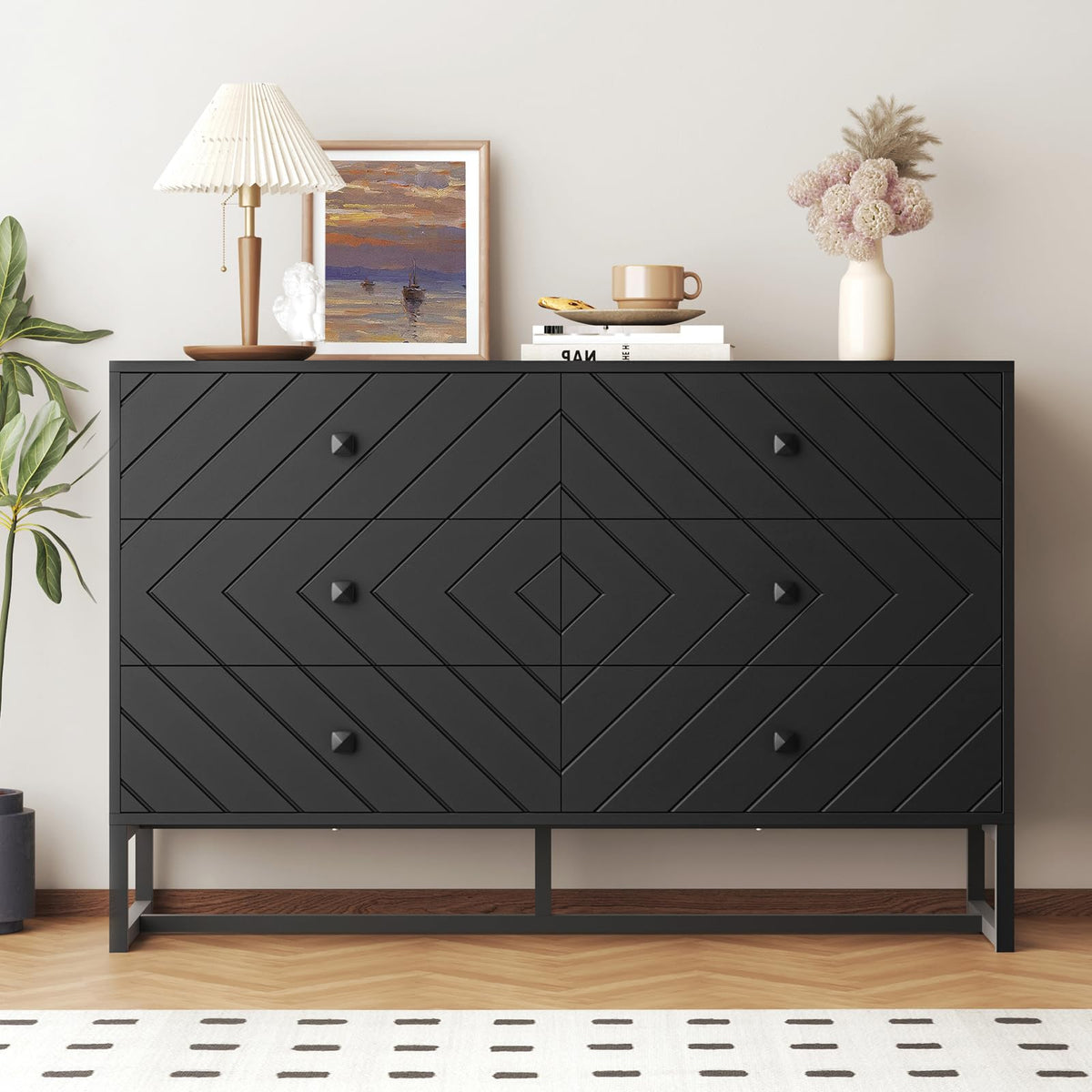 MAISONPEX Black Dresser for Bedroom with 6 Drawers, Wood Dresser with Metal Handles, Wide Chest of Drawers, 6 Drawer Dresser for