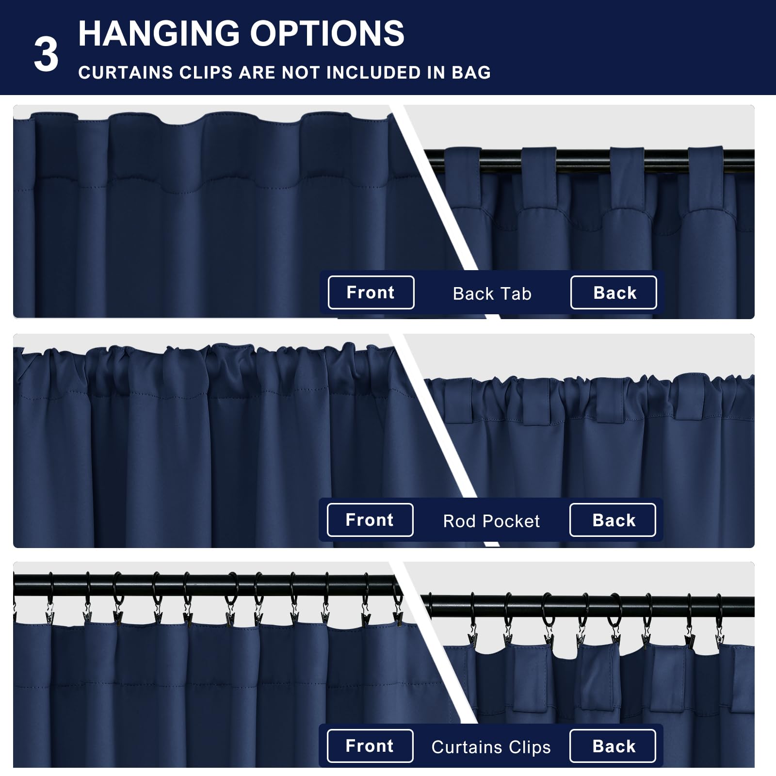 Hiasan Short Navy Blue Blackout Curtains 36 Inch Long, Bathroom Small Window Curtains Rod Pocket & Back Tab Thermal Insulated Dr