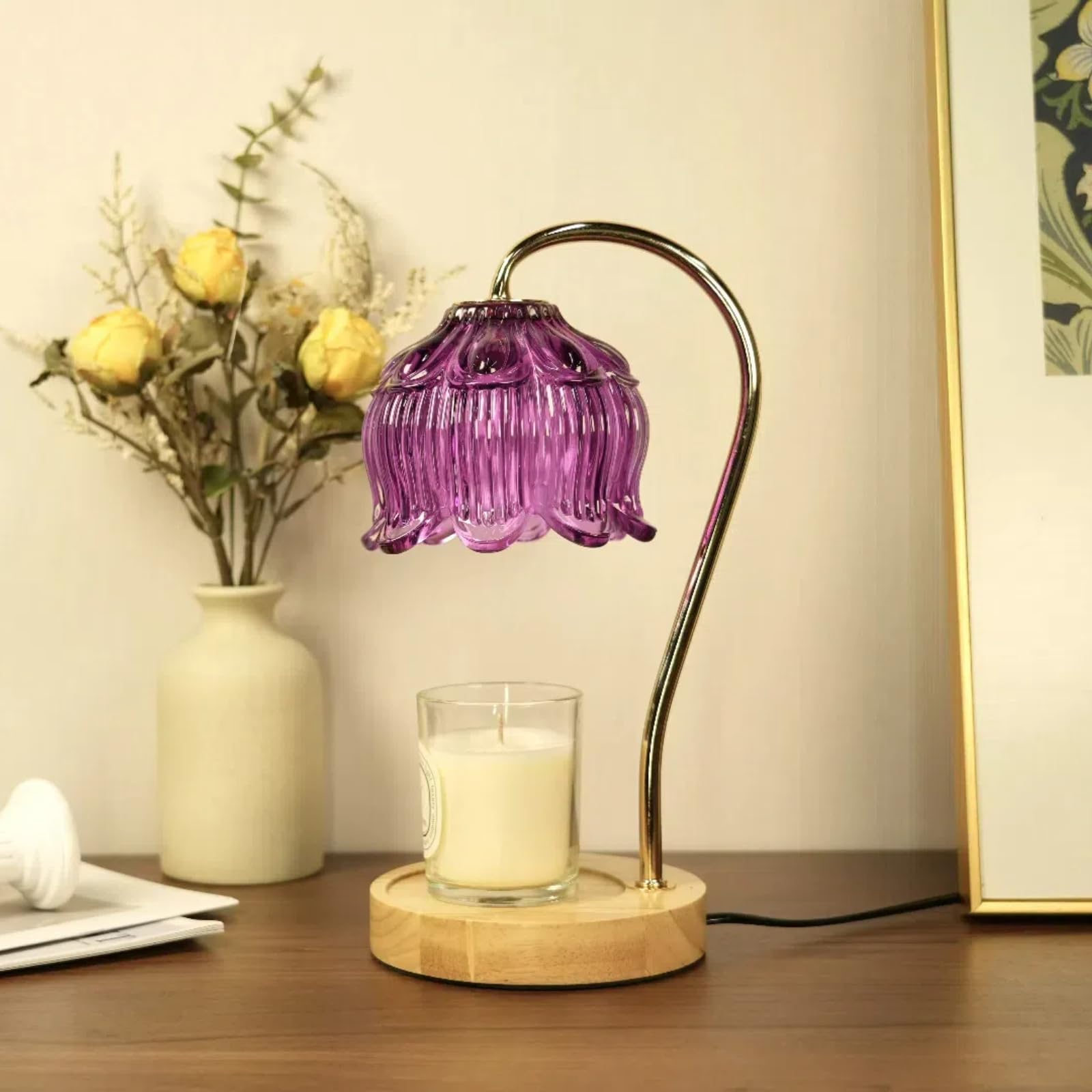 SupBri Dimmable Flower Candle Warmer Lamp, Purple Candle Warmer with Timer & 4Bulbs, Womens Gifts for Valentines Birthday, Uniqu
