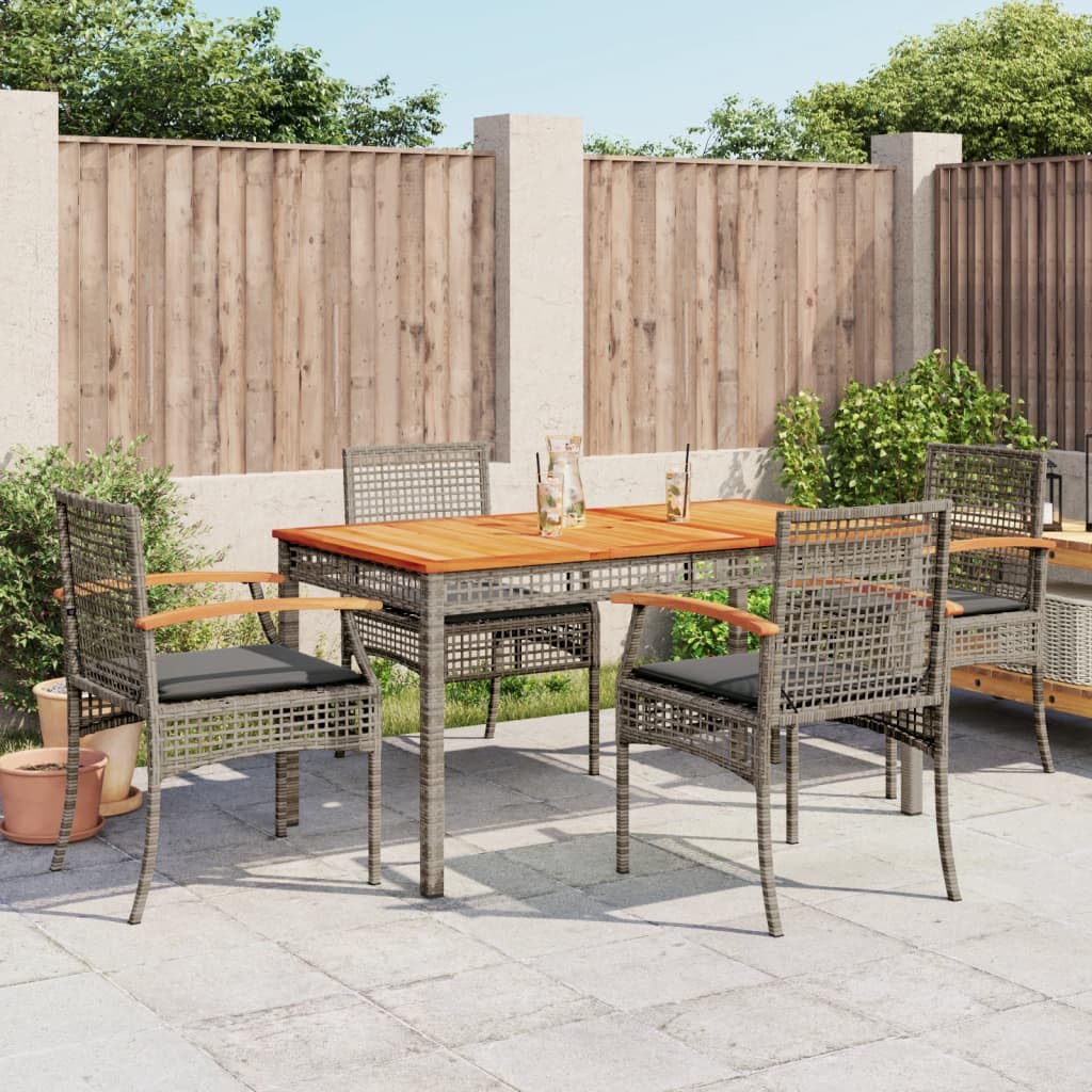 vidaXL Patio Dining Set - 5 Piece Outdoor Furniture with Cushions, Gray Poly Rattan, Acacia Wood Top, for Garden Patio