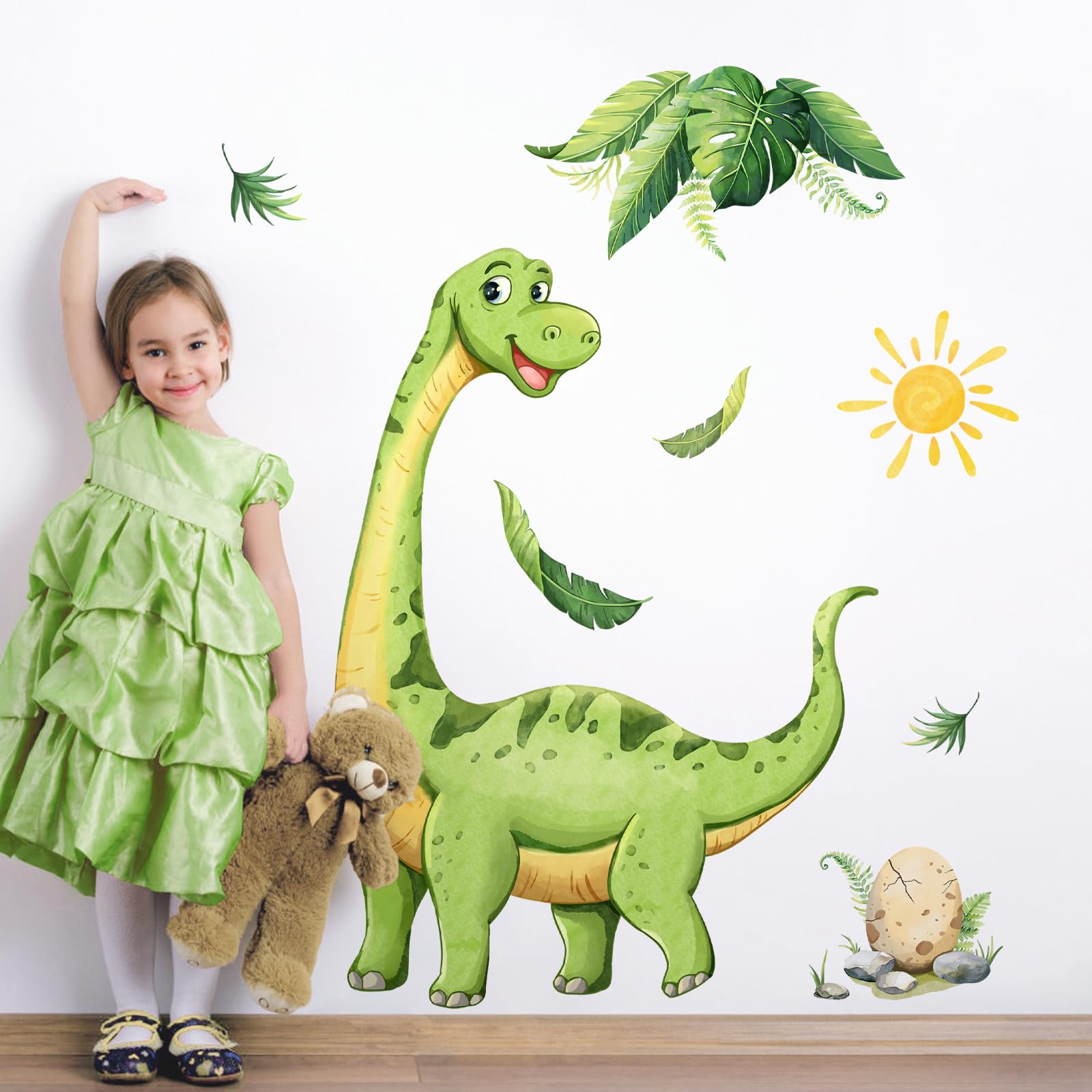 Large Cute Dinosaur Wall Decals, Cartoon Brachiosaurus Dino Wall Stickers Vinyl Peel and Stick Wall Decal Self Adhesive Wall Art