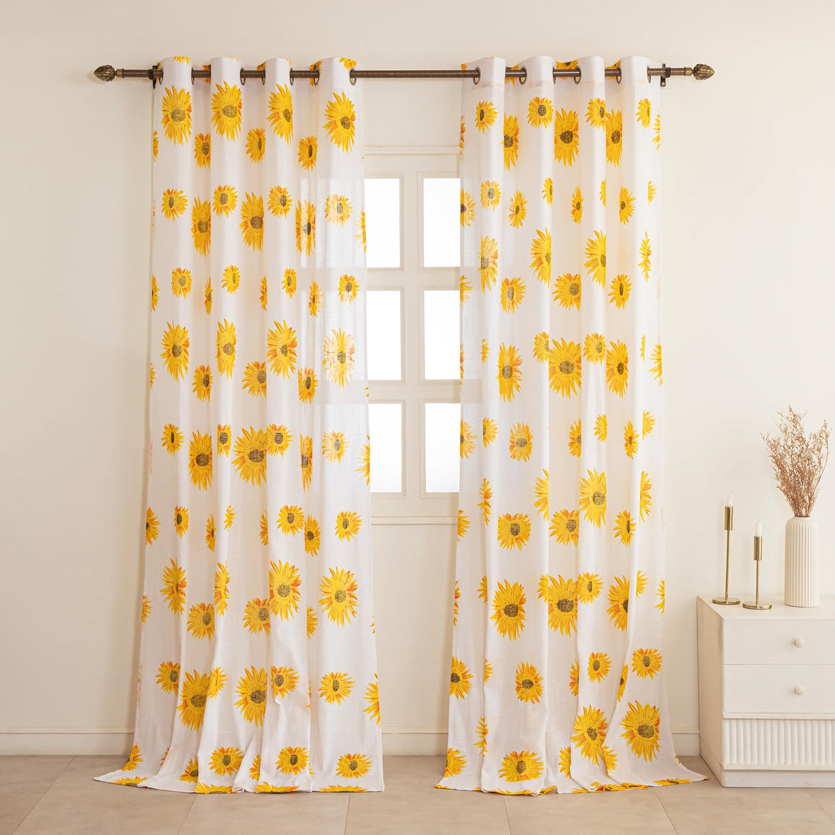 Homemonde Window 6 Feet Grommet Curtains Set Of 2  Cotton Sheer Linen Printed Curtain For Living Room Decoration, White Sun Flo