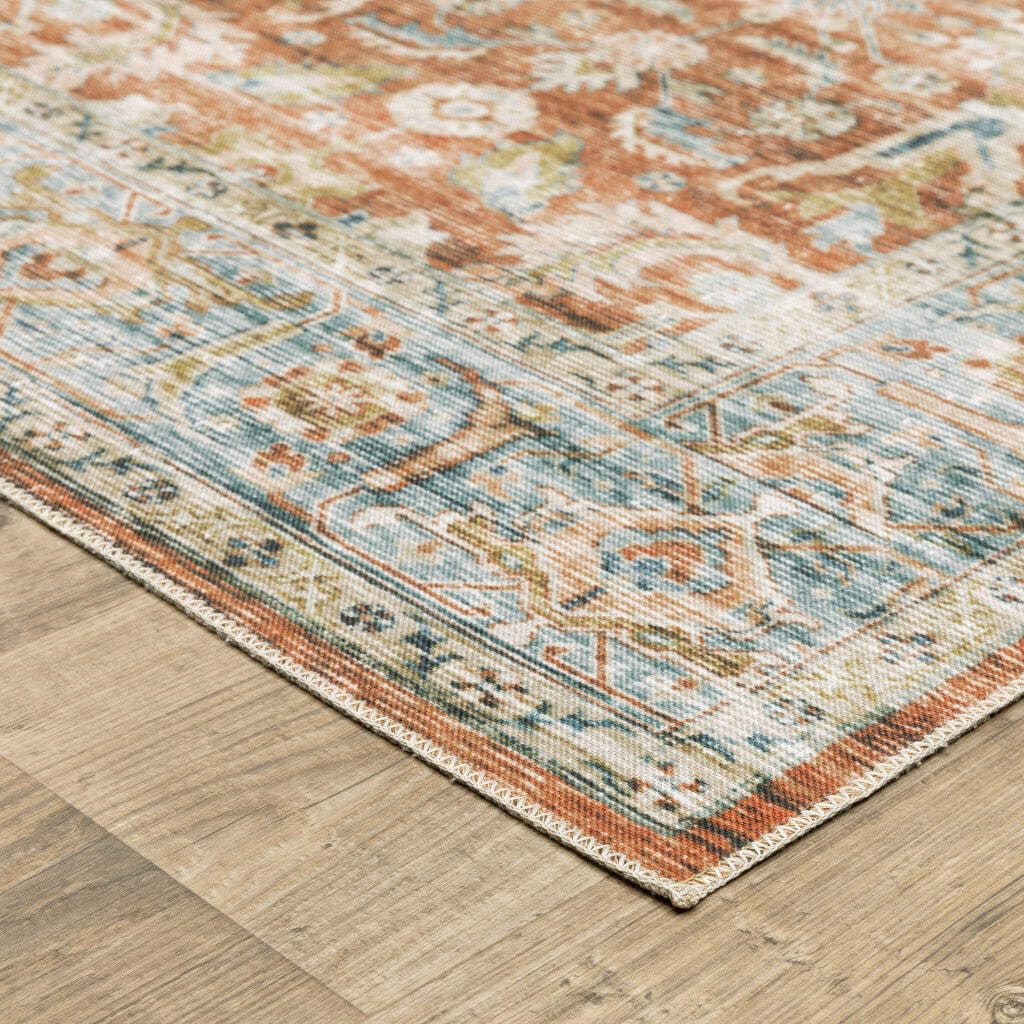 HomeRoots 510380 7 x 10 ft. Rust Blue Ivory & Gold Oriental Printed Stain Resistant Non Skid Rectangle Area Rug