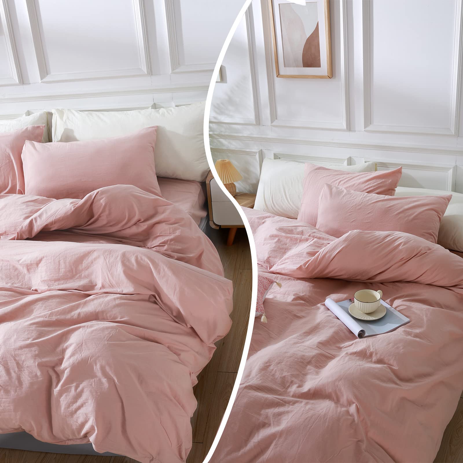 Nexhome Pro Duvet Cover Set Oversized Queen 98'X98' Linen Look Textured Organic Natural 100% Washed Cotton Duvet Cover 3 Pieces Bedding Set Zipper Closure, Breathable, Soft, Pink (No Comforter)
