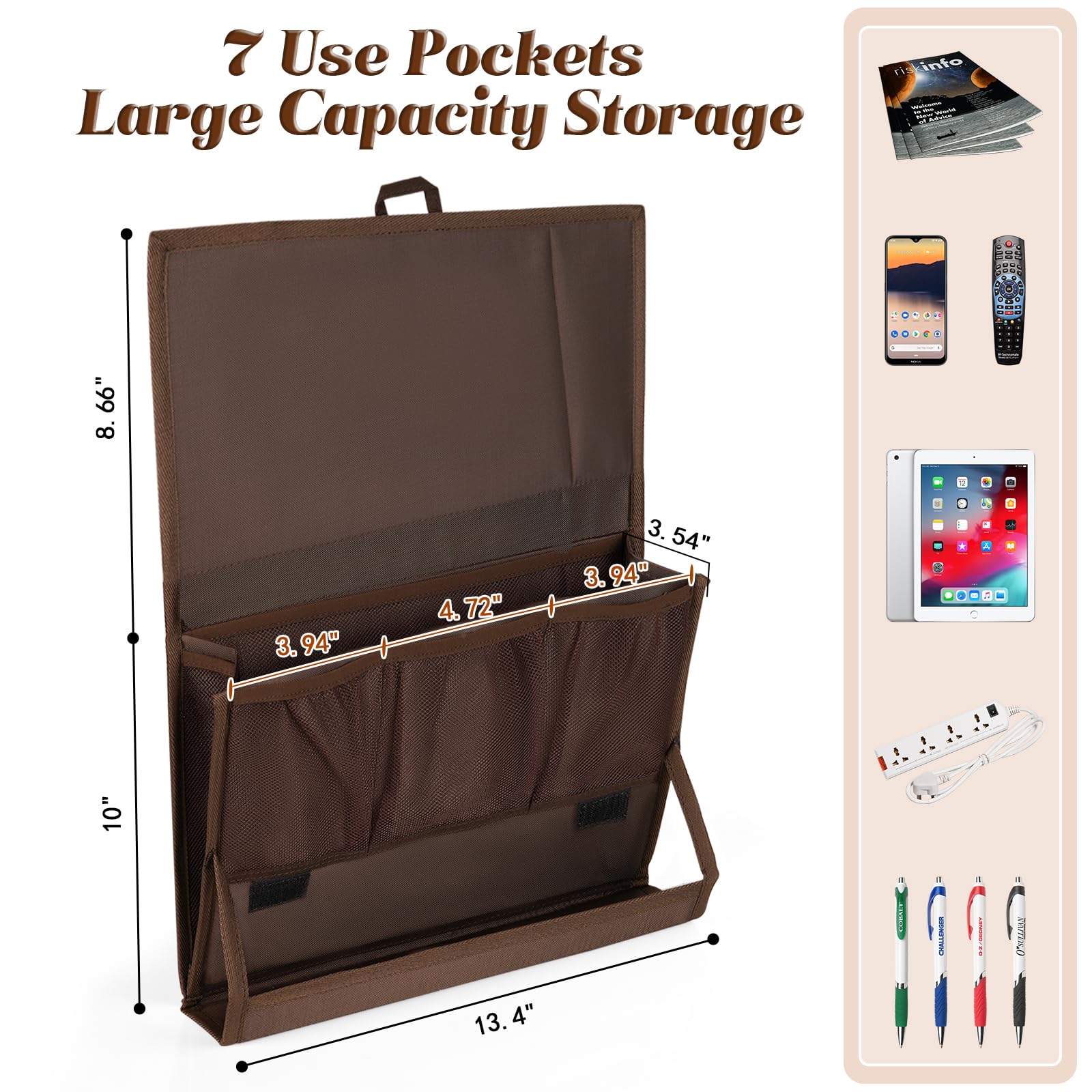 Retyion Bedside Storage Organizer With Power Strip Holder And Adjustable Straps Bed Hanging Bag For Home Bunk Bed Dorm Sofa (Bro