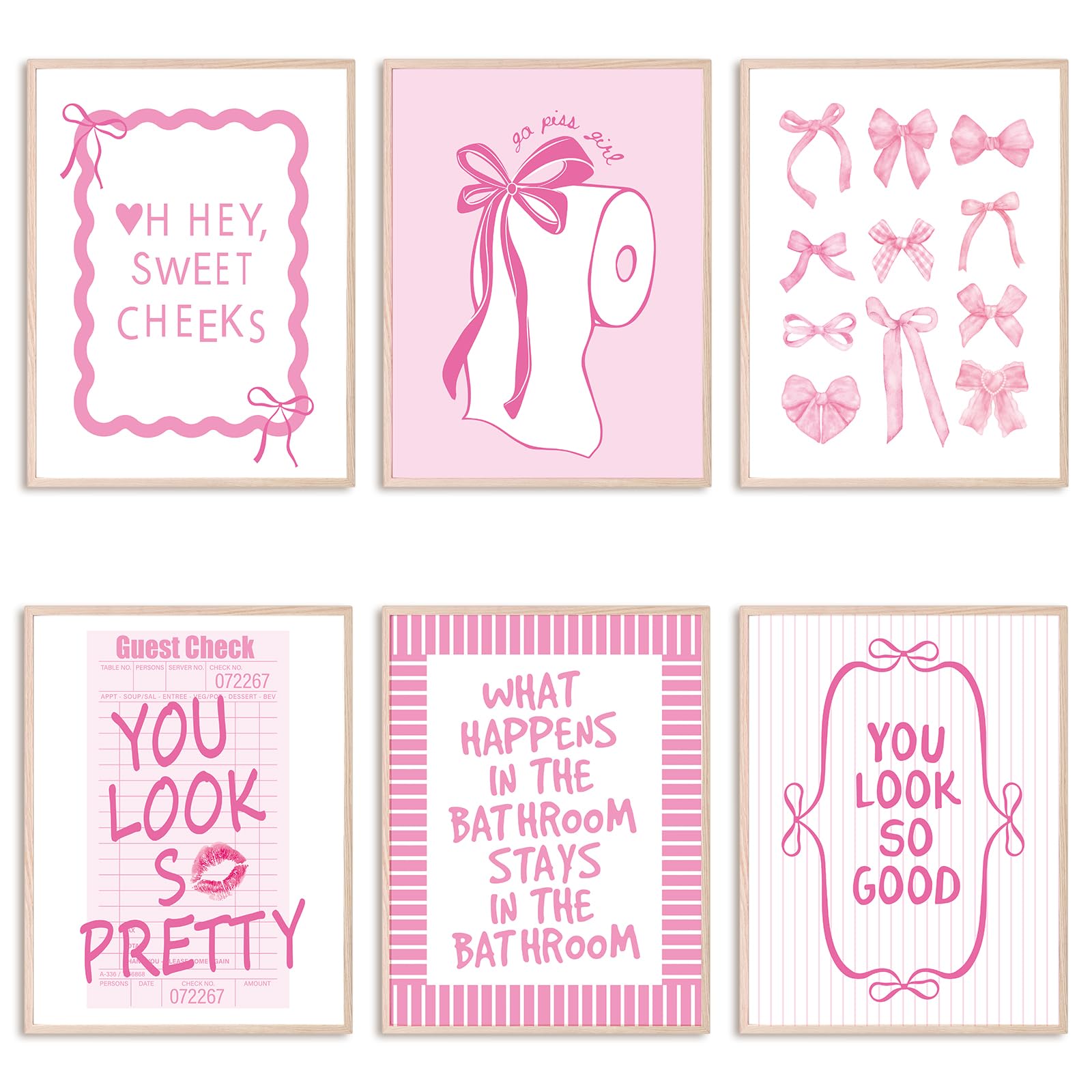 Whaline 6Pcs Pink Bow Bathroom Wall Art Prints Bowknot Coquette Paper Posters 8 x 10 Inch Preppy Picture Decoration For Bathroom