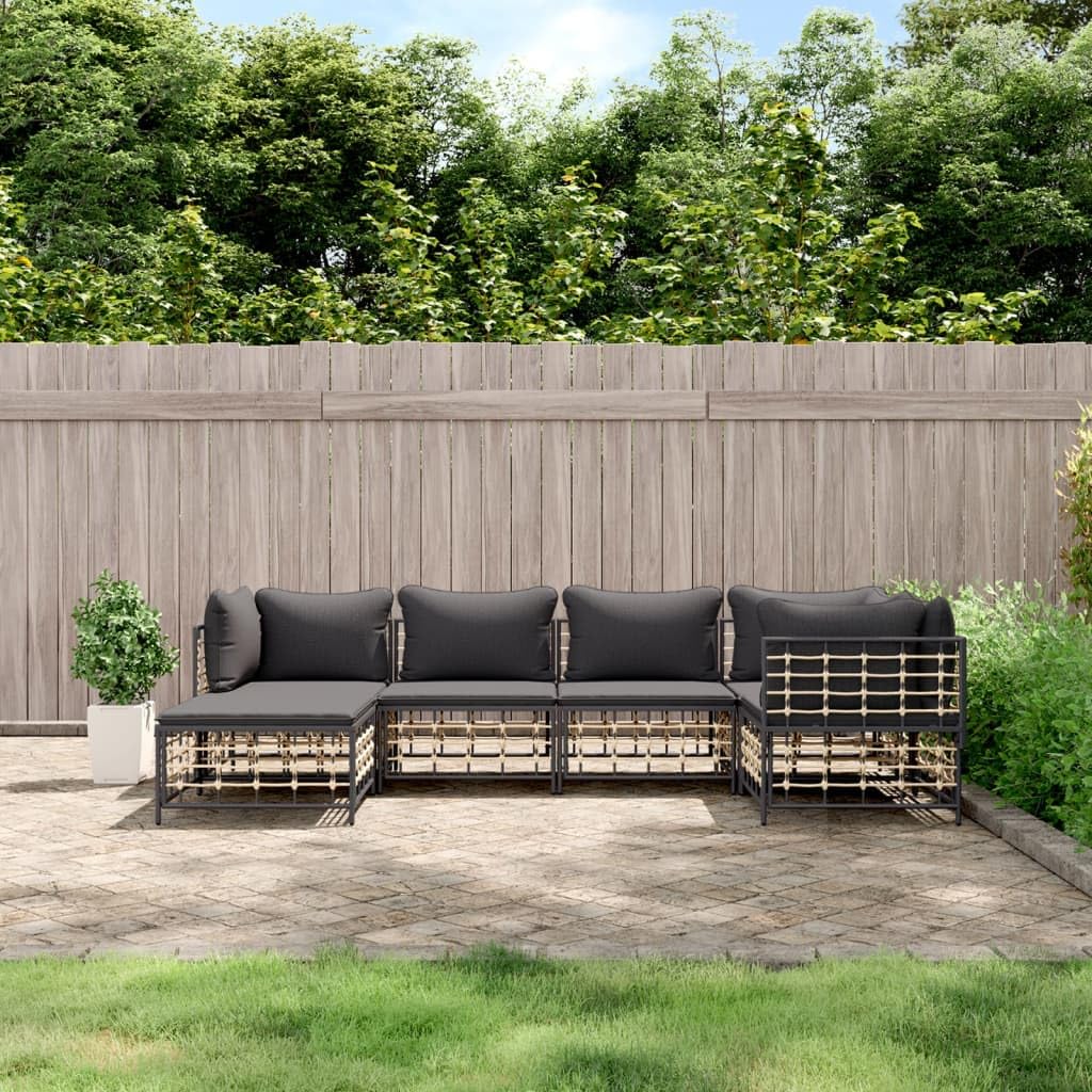 vidaXL Patio Lounge Set - 6-Piece Anthracite Poly Rattan Outdoor Furniture Set with Cushions - Weather-Resistant, Modular Design, Sturdy Steel Frame