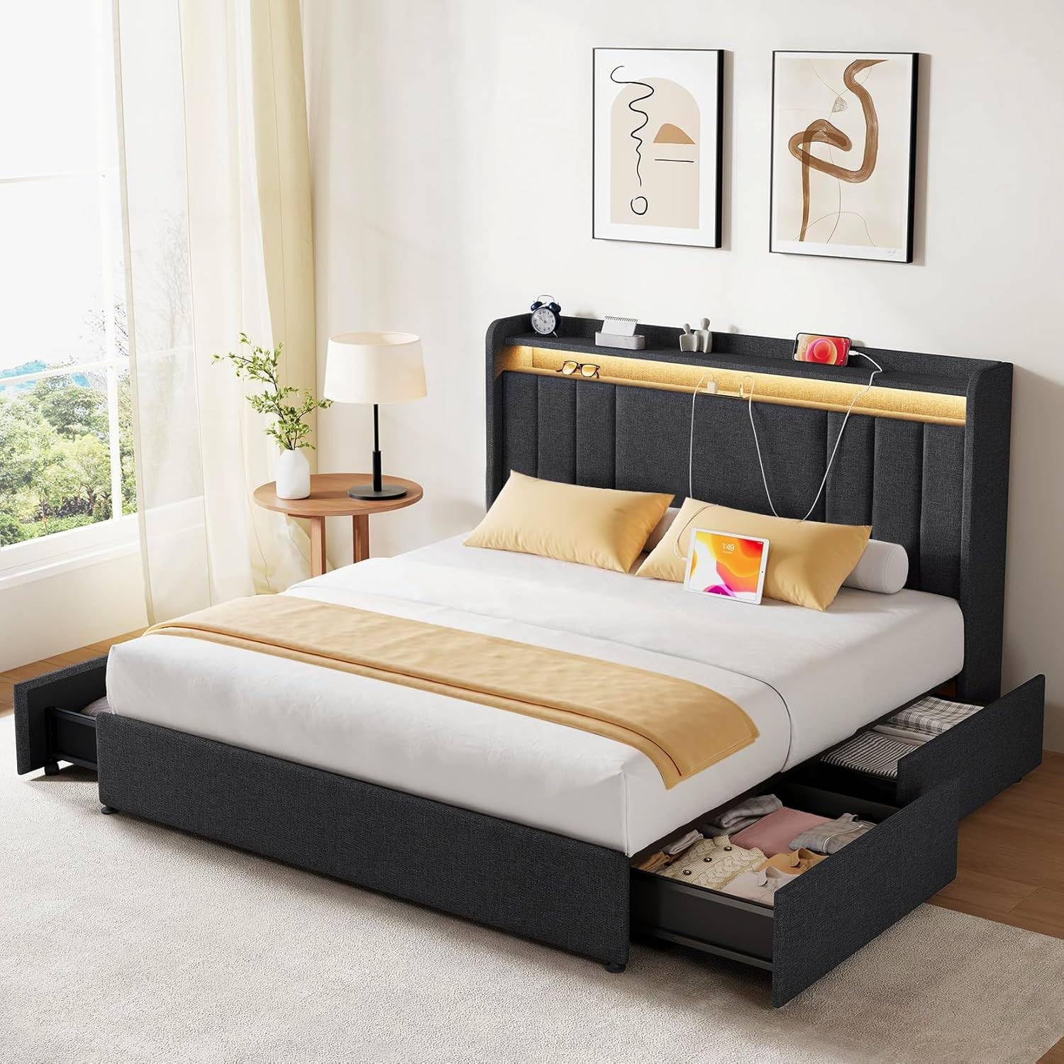 koorlian Queen Size Upholstered Bed Frame with 4 Storage Drawers and 51 Tall Headboard Wingback Platform Bed Frames with RGB L