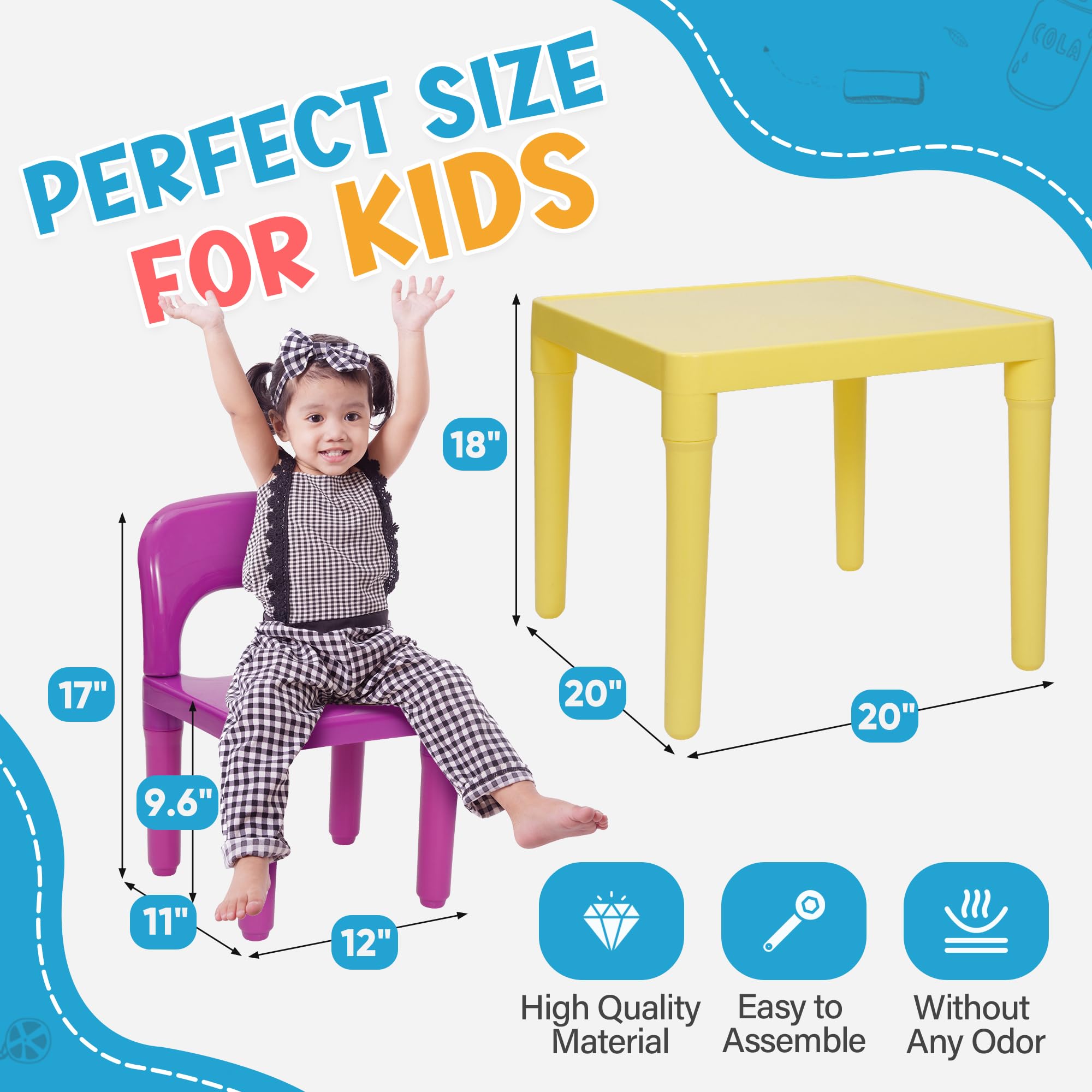 Zeny Kids Plastic Table And 4 Chairs Set, Multicolor Play Room Furniture For Reading, Train, Art, Crafts