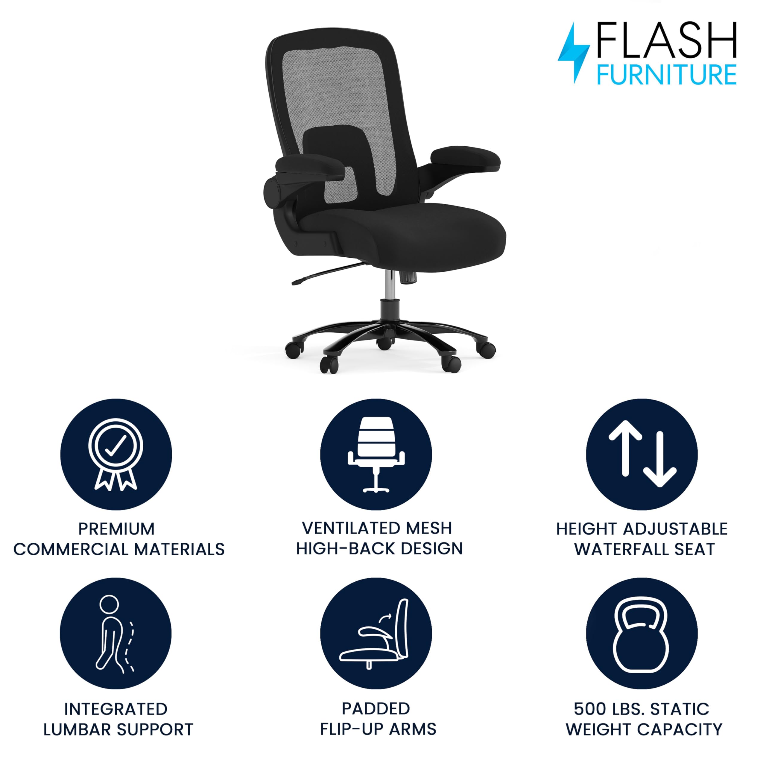 Flash Furniture Big & Tall Swivel Office and Gaming Chair with Lumbar and Back Support, Ergonomic Mesh Office Chair with Flip-Up Armrests and Adjustable Height, Black