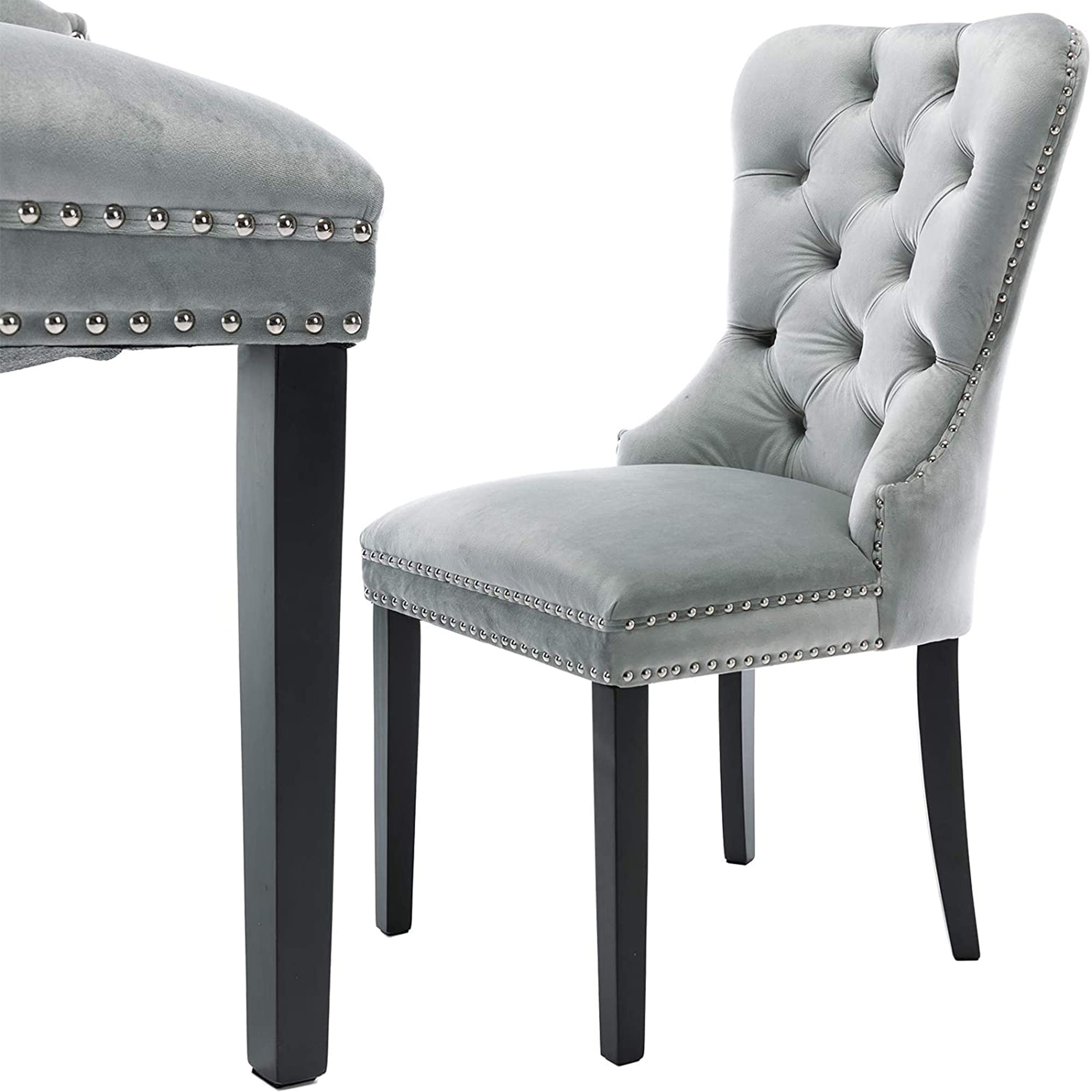 Better Home Products Velvet Dining Chairs Set Of 2, Elegant Tufted Button Dining Chair, Upholstered Velvet Armless Chair With Nailhead Trim And Back Chrome Ring Pull (Gray)