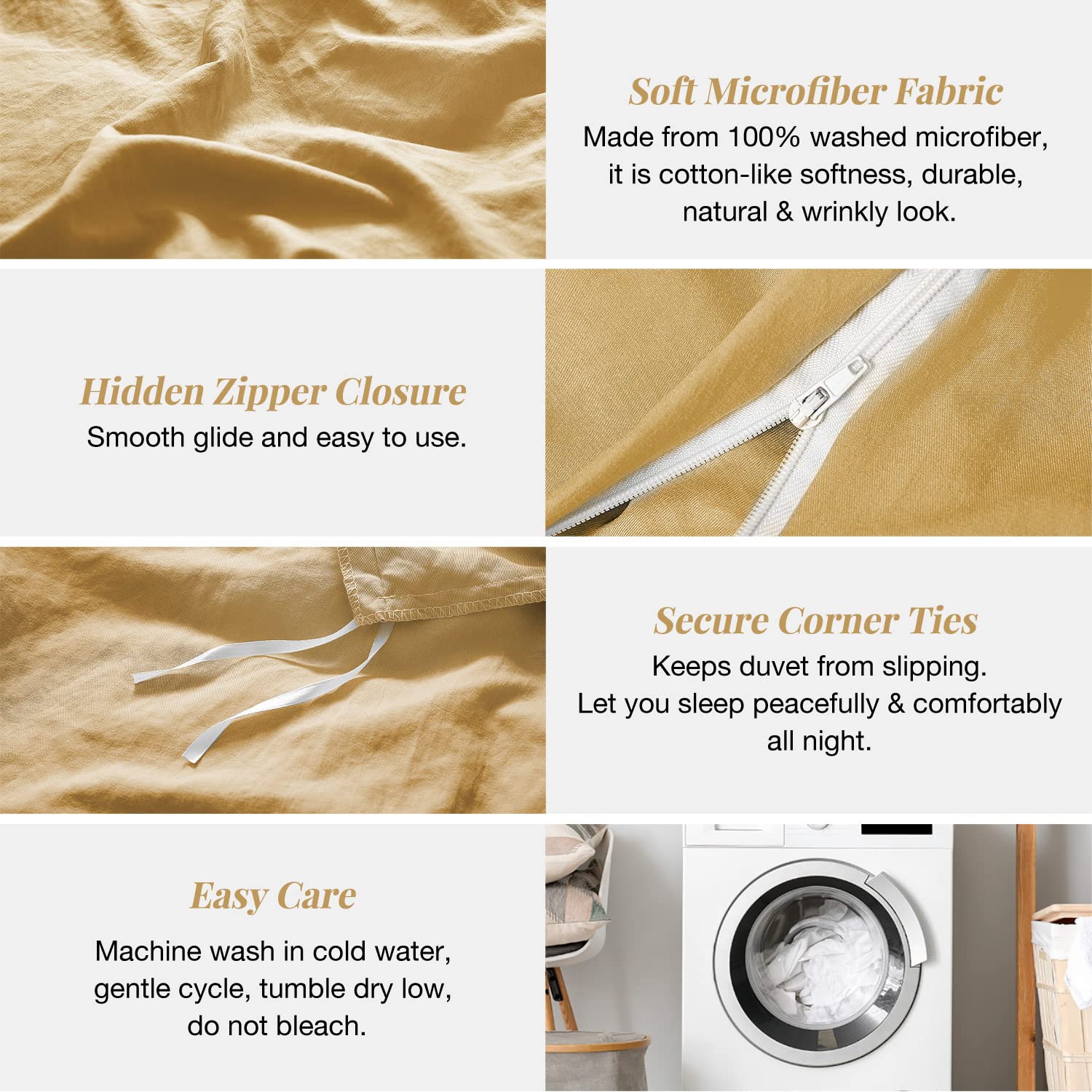 Mildly Super Soft Duvet Cover - 100% Washed Microfiber Warm Mustard Yellow Comforter Cover Set 3 Pieces With Zipper Closure & Co