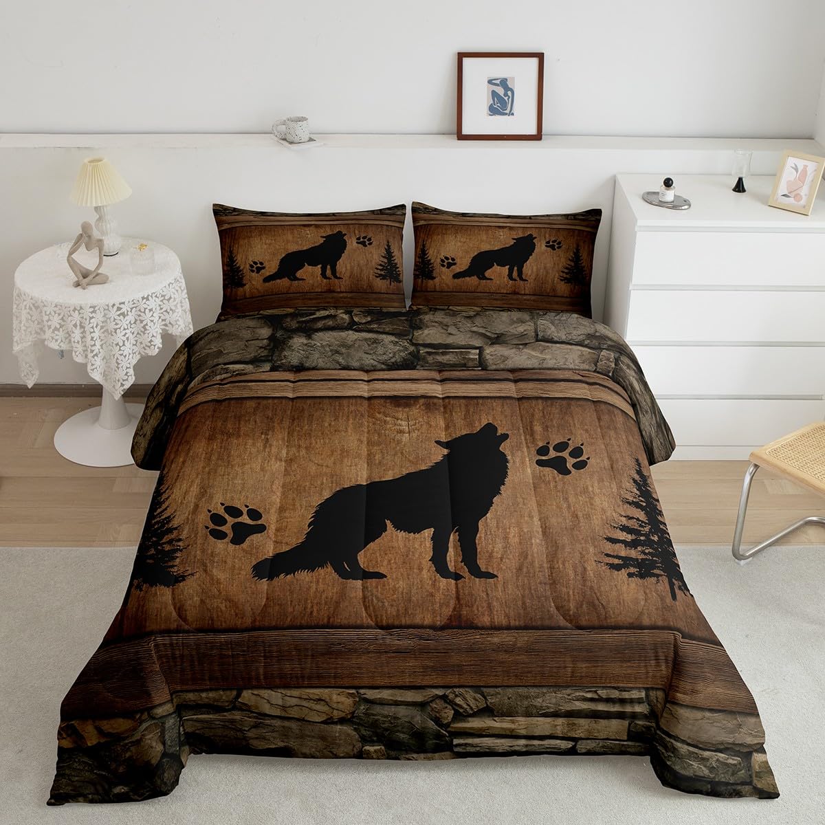 Manfei Wolf Kids Comforter Set Twin Size, Wild Animal Down Comforter, Rustic Farmhosue Brown Wooden Plank Bedding Set For Boys T