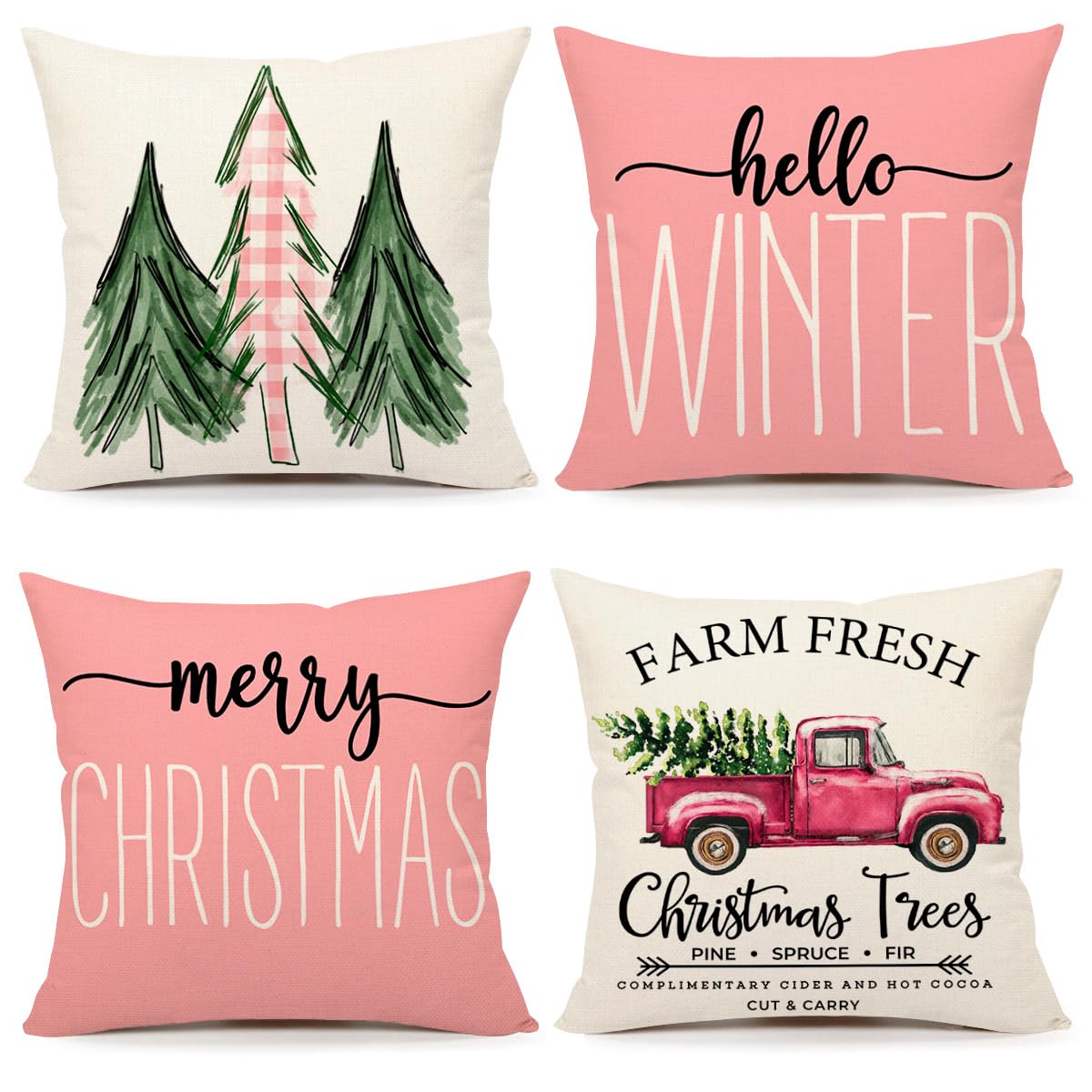 4Th Emotion Pink Christmas Pillow Covers 18X18 Set Of 4 Farmhouse Christmas Decorations Merry Christmas Tree Truck Hello Winter