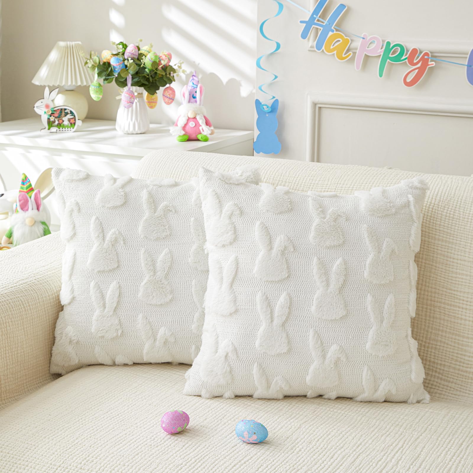 Lomchen Easter Throw Pillow Covers 16X16 Inch Set Of 2 For Easter Decorations White Bunny Rabbit Soft Plush Faux Fur Wool Pillow