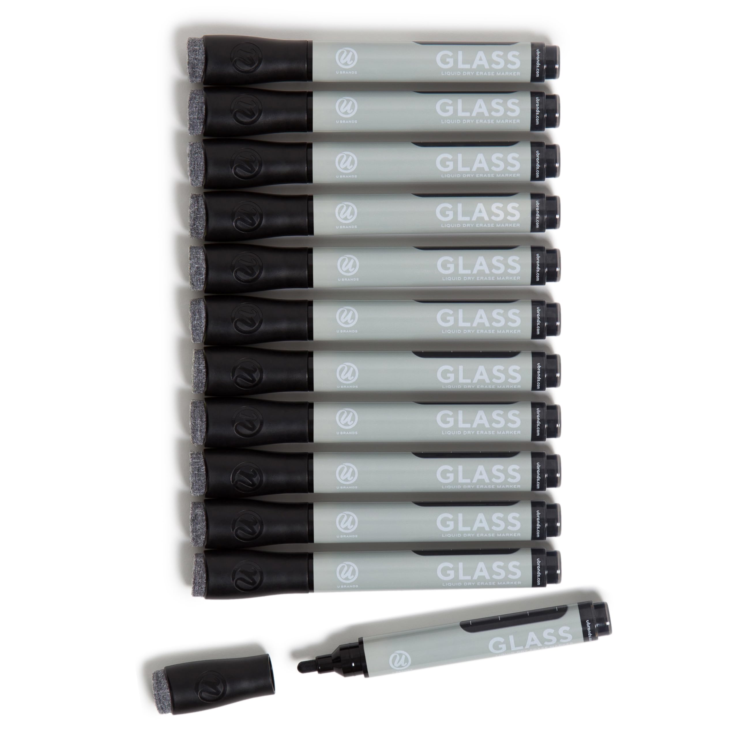 U Brands Liquid Glass Board Dry Erase Markers With Erasers, Set Of 12, Black, Low-Odor, Bullet (3 Mm) Point