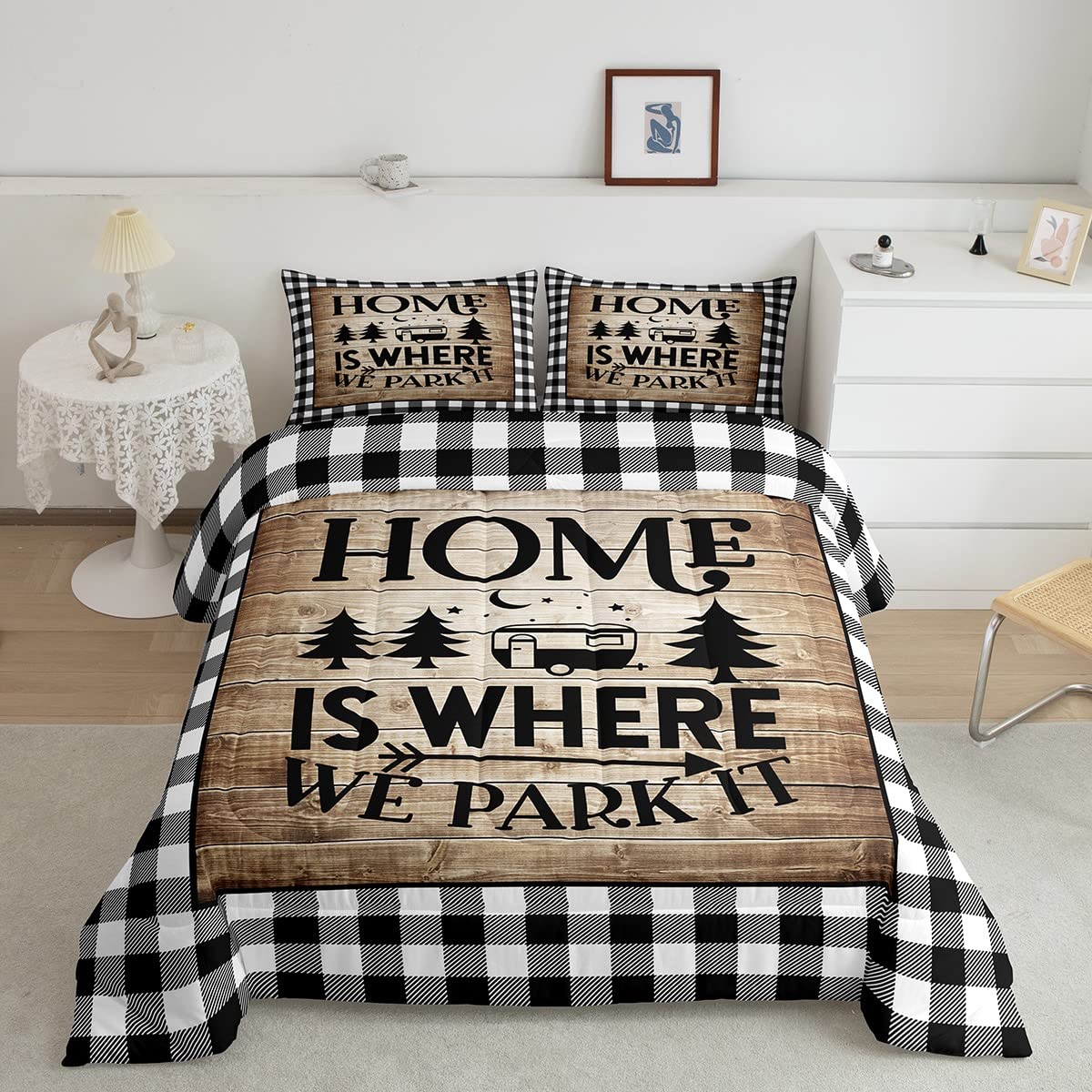 Happy Camping Comforter Set Queen Size,Camper Rv Trailer Decor Bedding Set 3Pcs For Kids Boys Girls Adults,Rustic Wooden Plank G