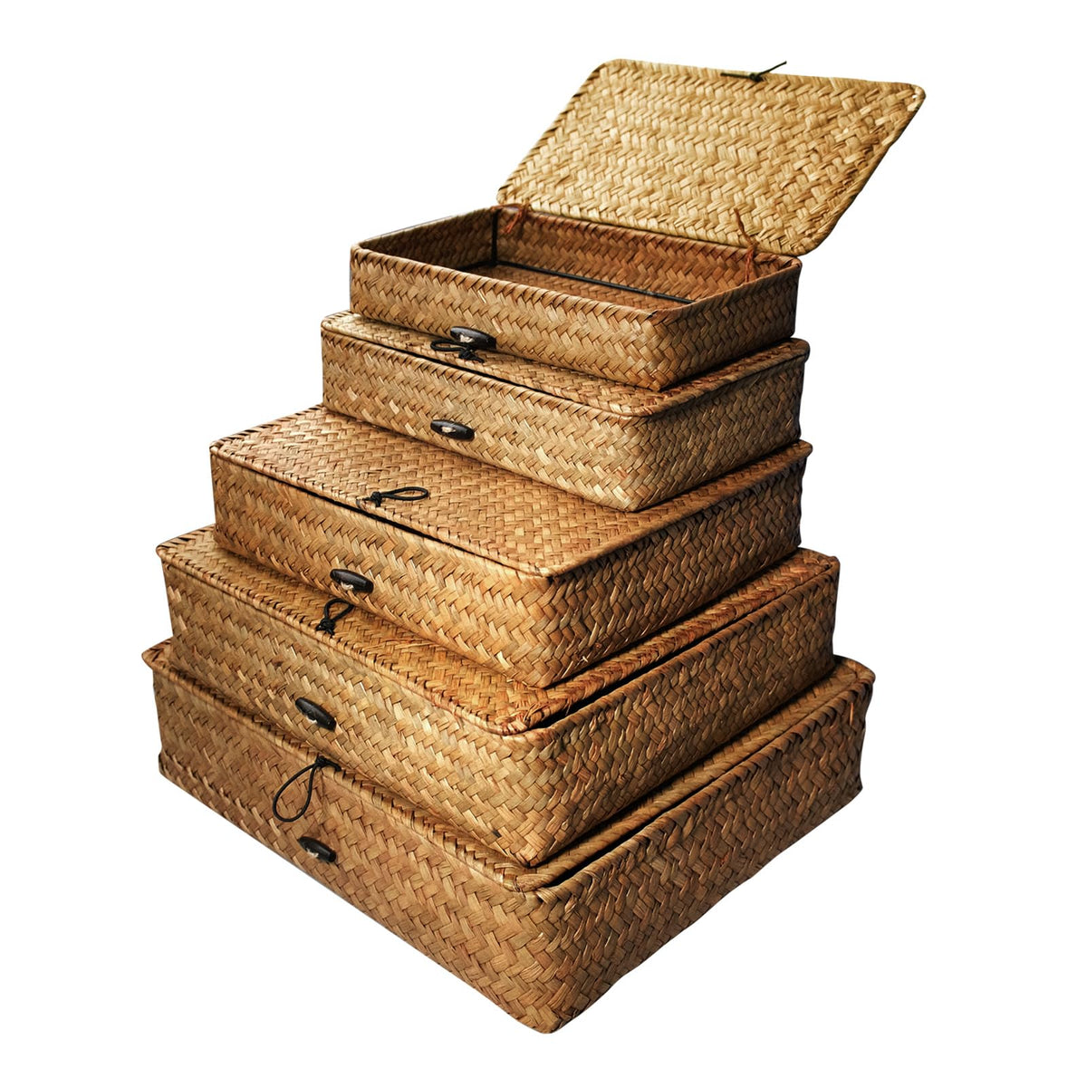 SENONAPO 5 Pcs Seagrass Basket with Lid 5 Sizes Decorative Storage Boxes Rattan Wicker Storage Basket with Lids Woven Organizer