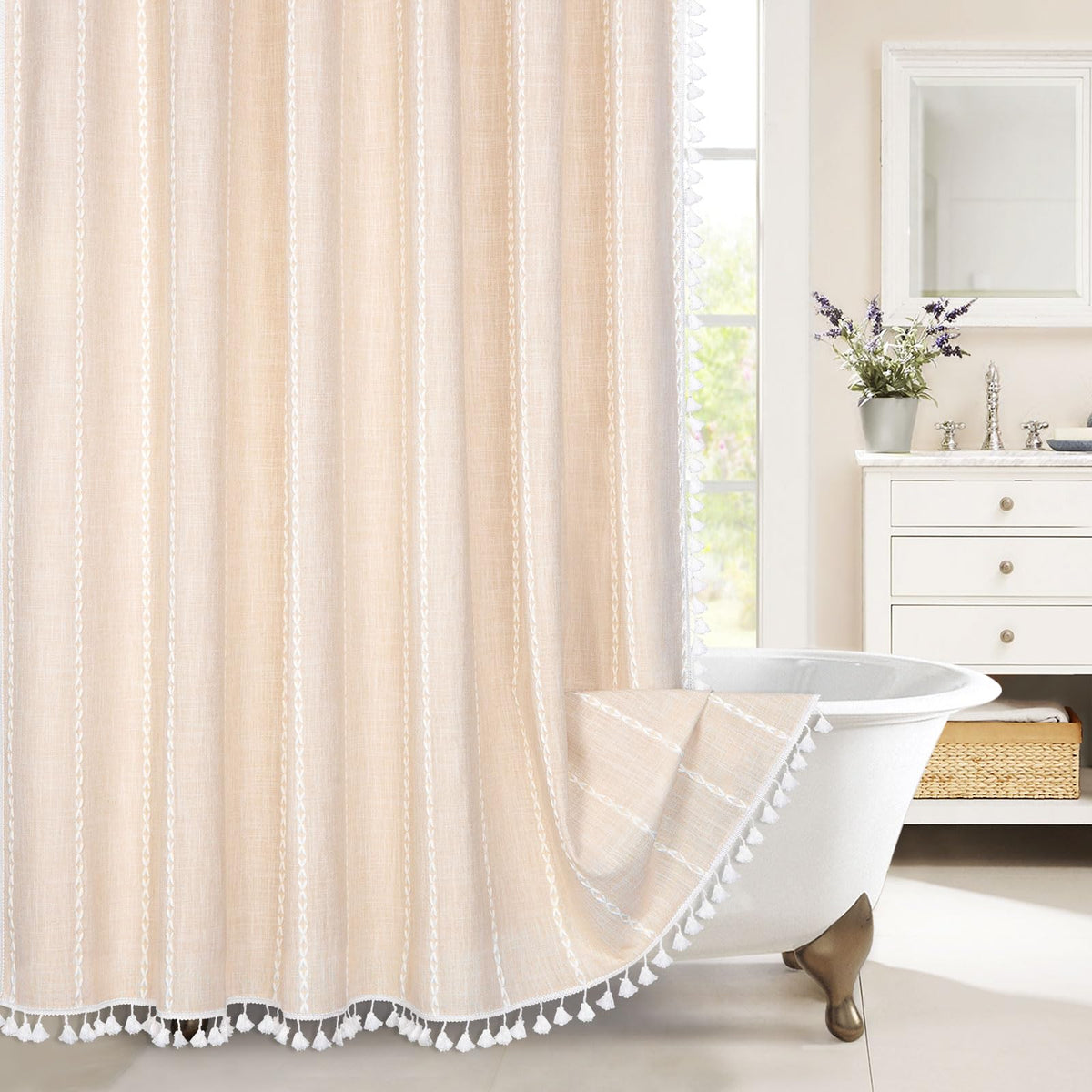 Mitovilla Beige Boho Long Shower Curtain 72 X 78, Cream Farmhouse 78 Inch Long Cotton Linen Fabric Shower Curtains With Tassel F