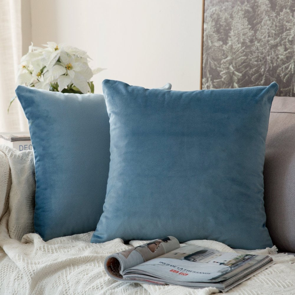Miulee Pack Of 2 Velvet Pillow Covers Decorative Square Pillowcase Soft Solid Light Blue Cushion Case For Spring Sofa Bedroom Ca