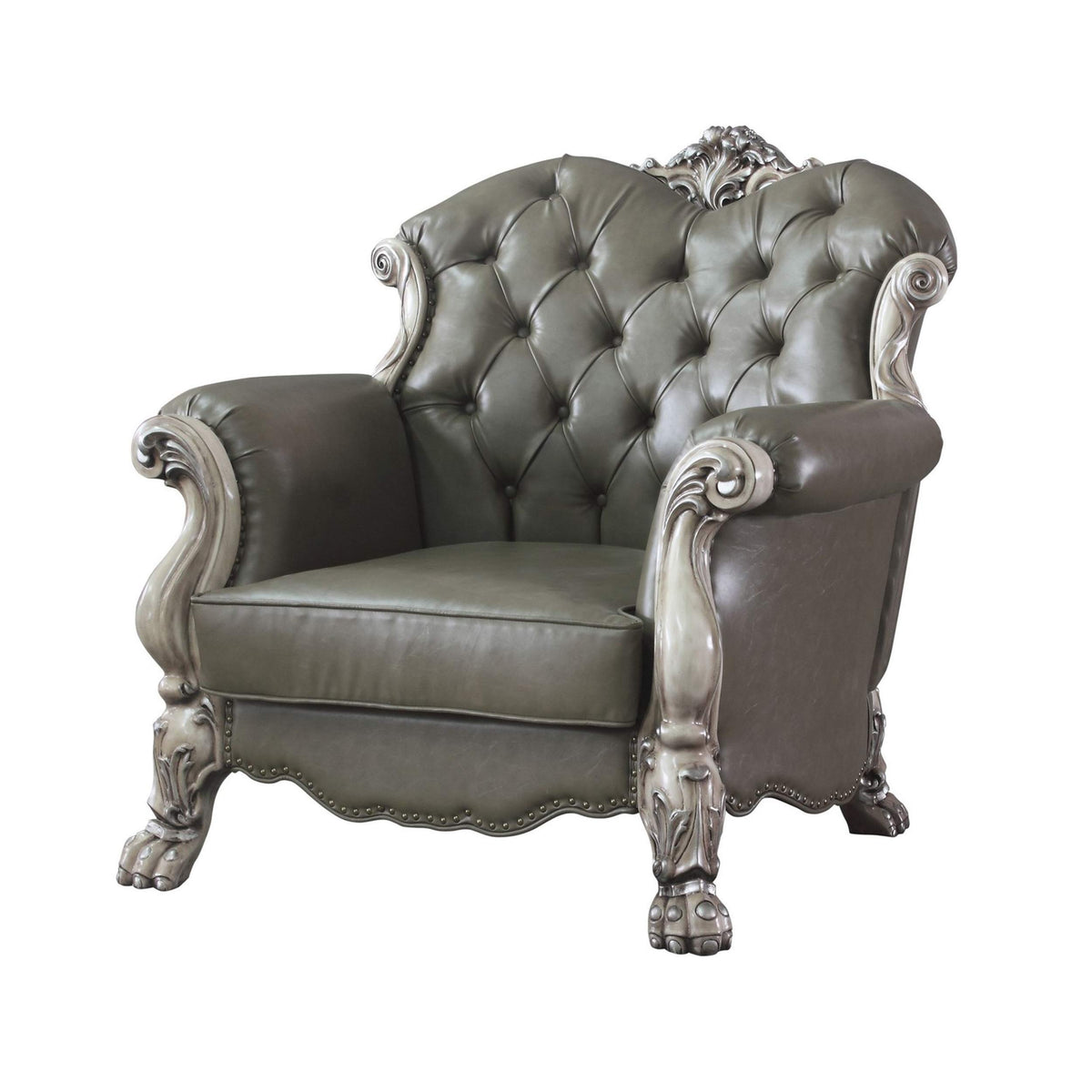 Benjara Traditional Leatherette Chair With Button Tufted And Carved Details, Gray