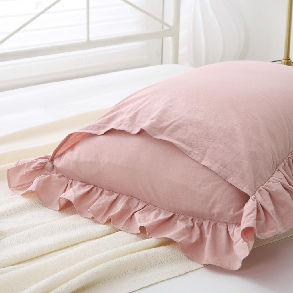 Mywinlle Ruffle Pillowcases Farmhouse Pillow Shams Standard Set Of 2,Shabby Dusty Pink Ruffled Pillow Caseswashed Cotton Pillow