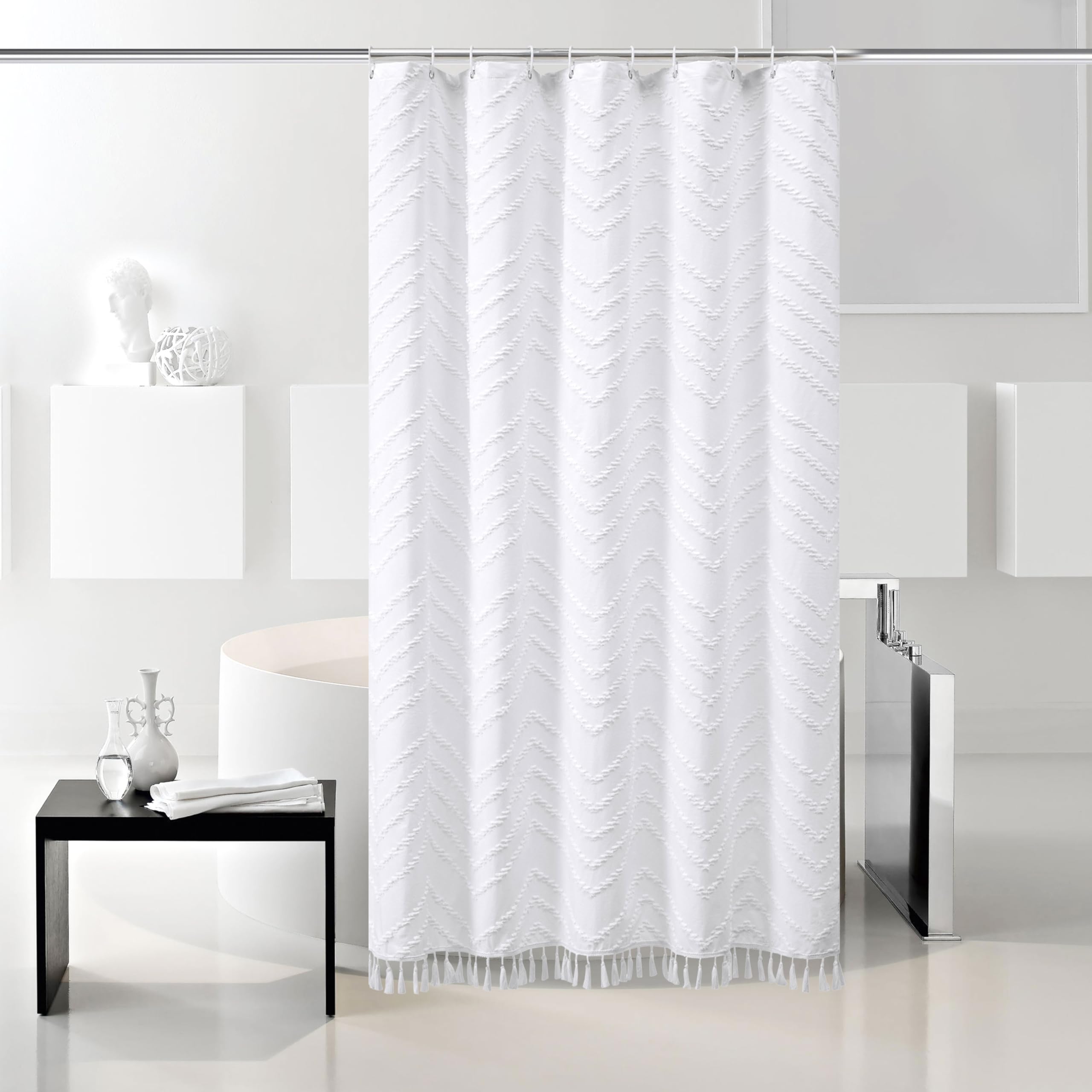 Stall Boho Shower Curtain White Tassel Woven Fabric Shower Curtain 42 X 72 Modern Farmhouse Textured Tufted Chevron Striped Mini