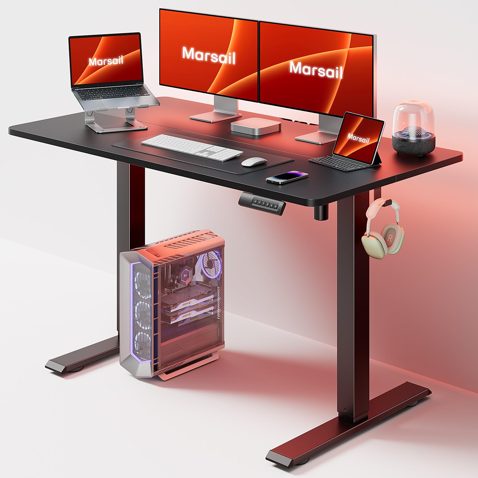 Marsail Electric Standing Desk, 48 * 24 Inch Height Adjustable Sit Stand up Desk with 3 Memory Preset, Headphone Hook Computer D