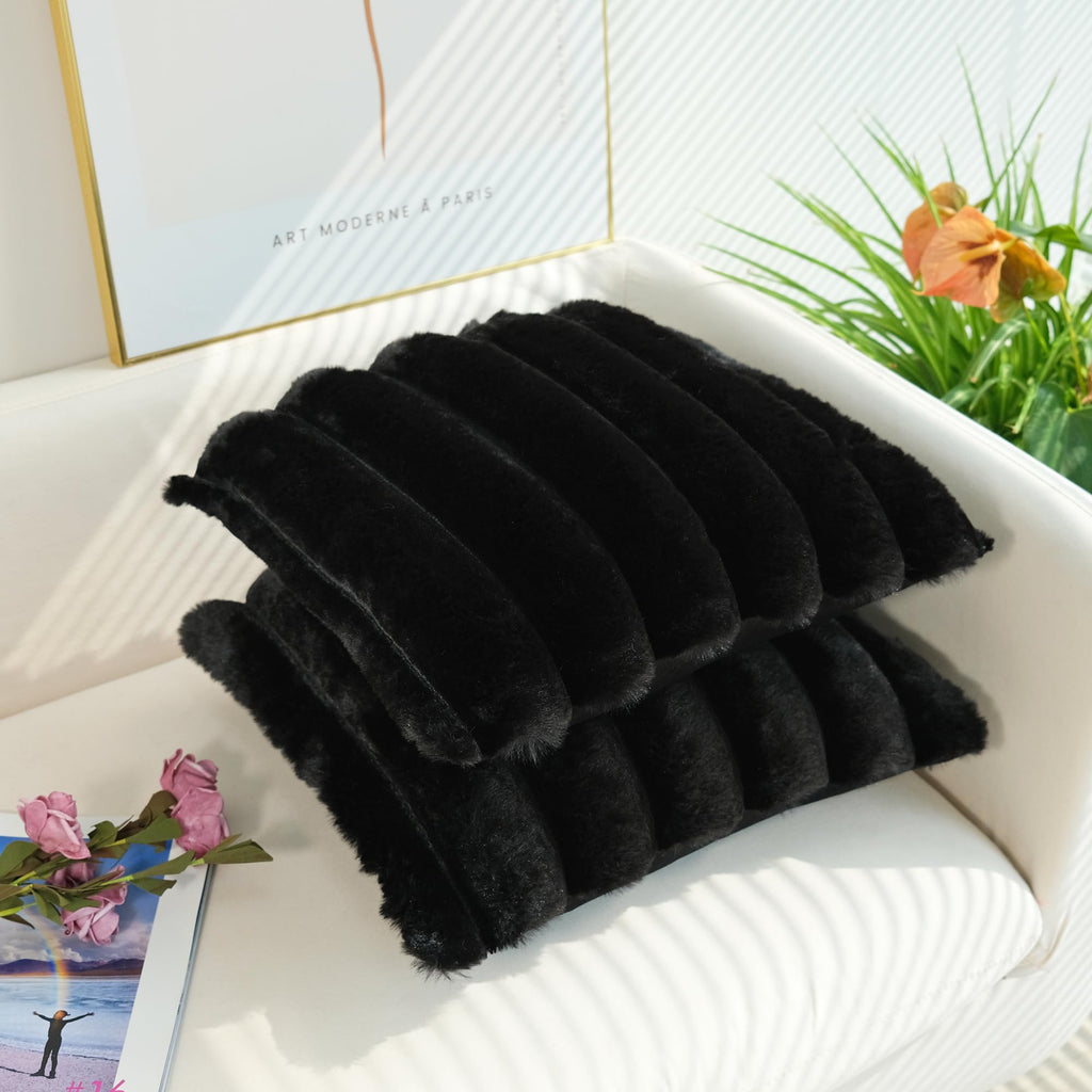 Jojusis Pack Of 2 Faux Fur Plush Decorative Throw Pillow Covers Couch Cushion Case Soft Fluffy Pillowcases Wide Stripe (Black, 2
