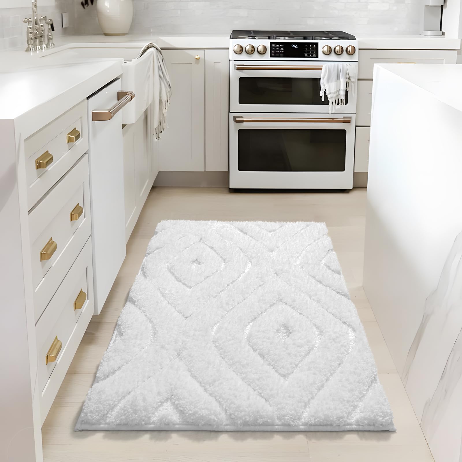 Dexde White Bathroom Rugs Boho Bath Mat Non Slip Geometric Luxury Soft Washable Carpet For Bathroom Shower Kitchen Entryway Mode