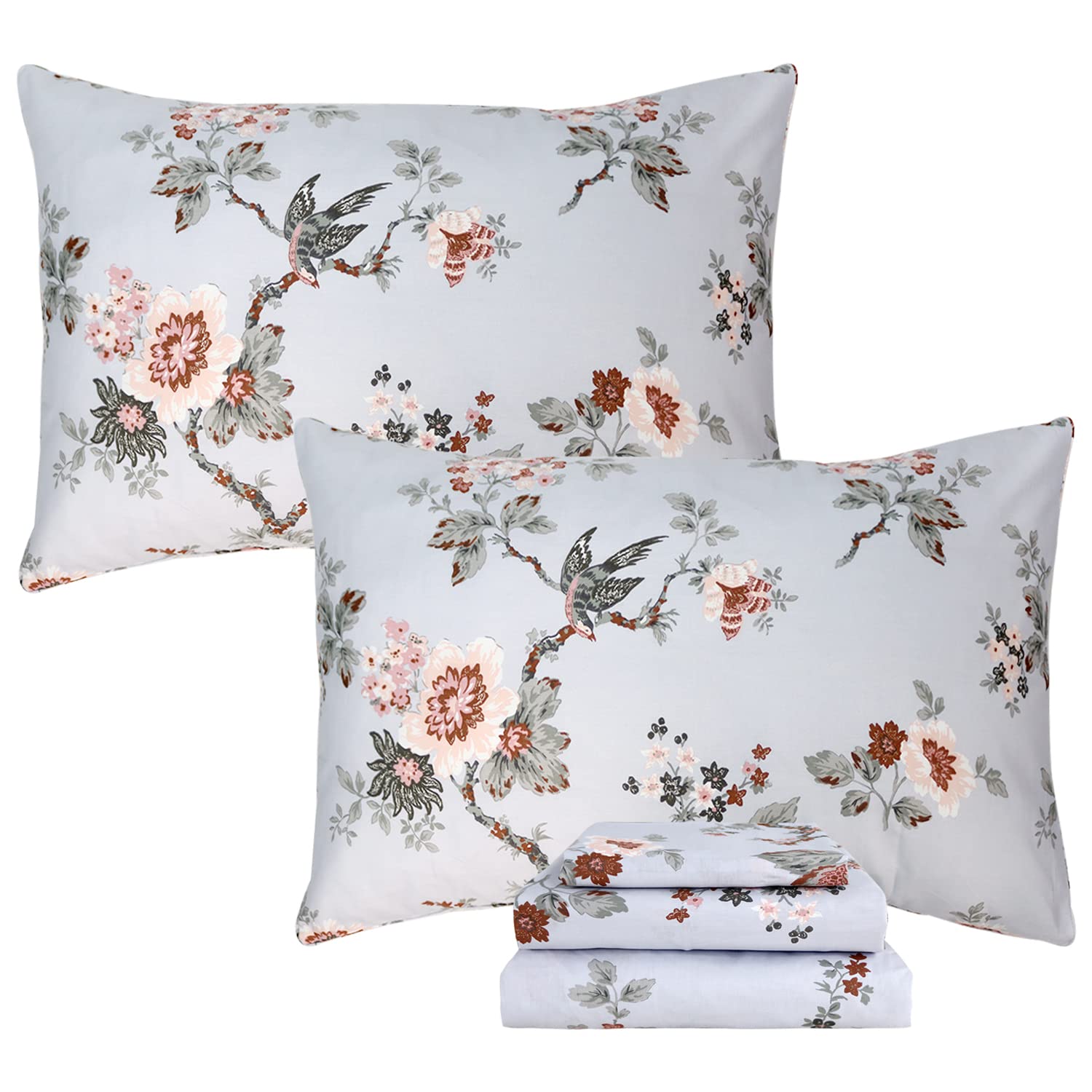Fadfay Sheets Set Queen Elegant Floral Bedding Shabby Grey Bird Print Flower Bed Sheet Set Vintage Farmhouse Bedding 100% Cotton