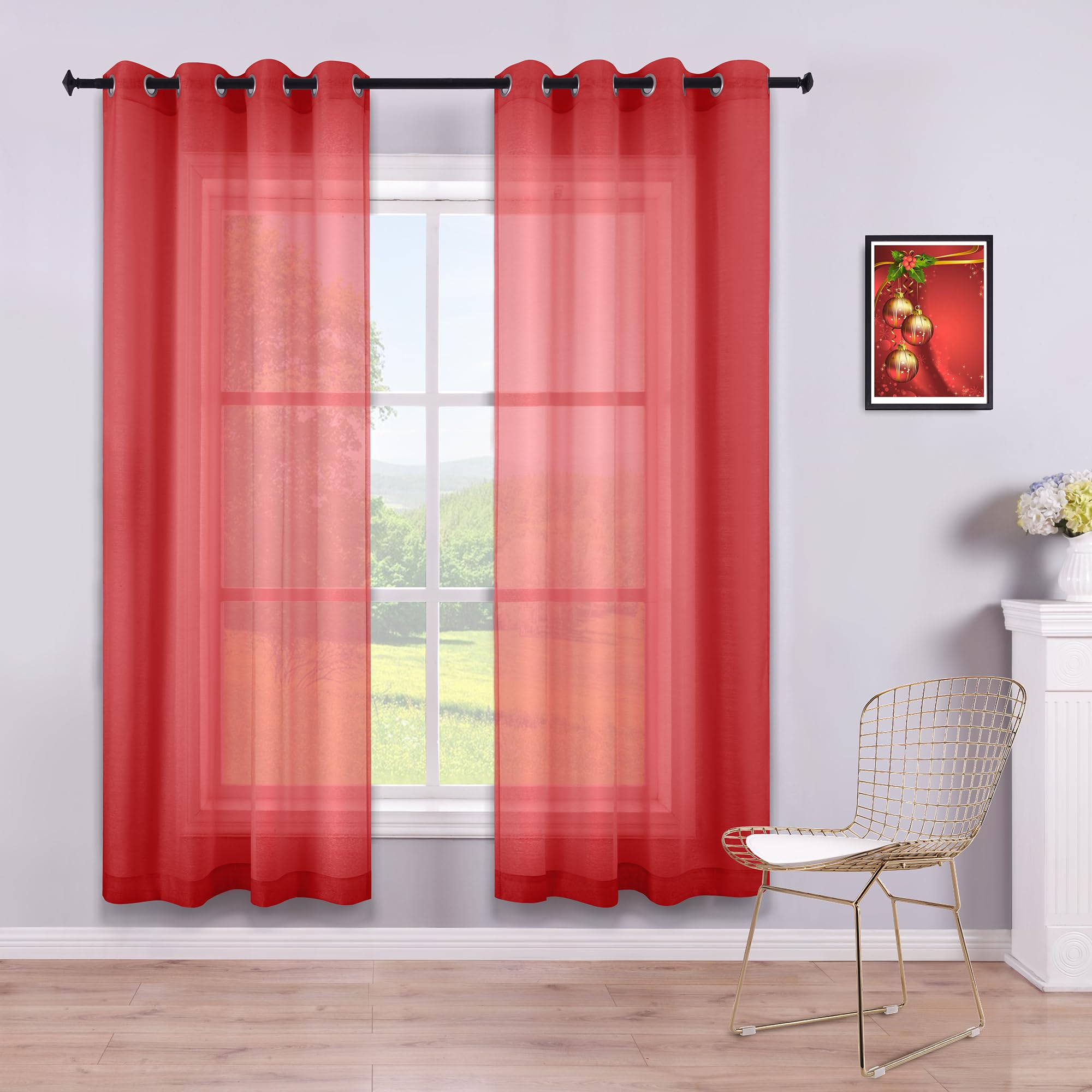 KOUFALL Red Curtains 72 Inch Length 2 Panels for Living Room Grommet Sheer Window Panels for Bedroom 52x72 Inches Long