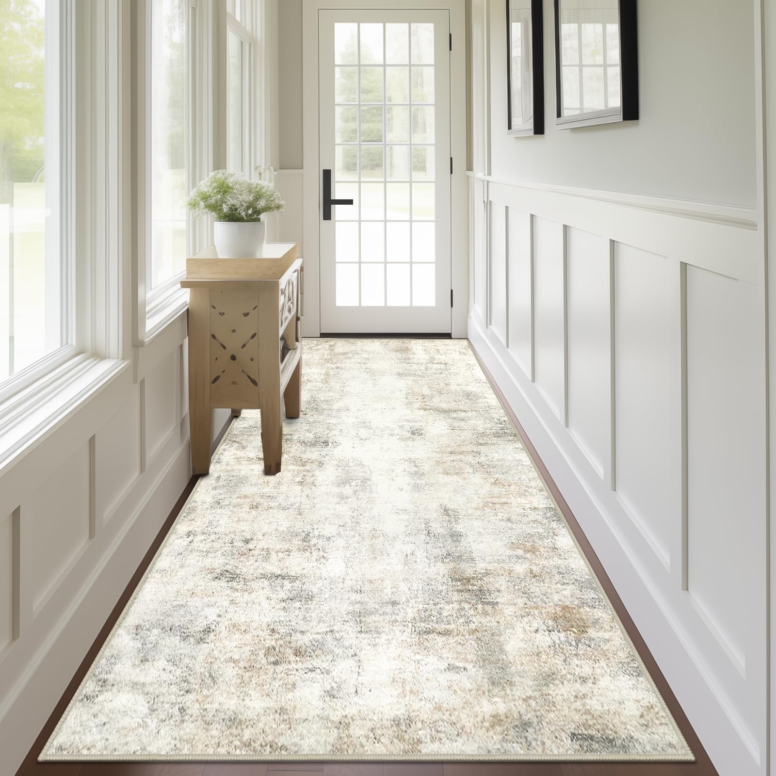Capslpad Abstract Washable Runner Rug, 2.6x8 Light Beige Non-Slip Hallway Runner Rug, Modern Low Pile Kitchen Runner Rug, Ultra 