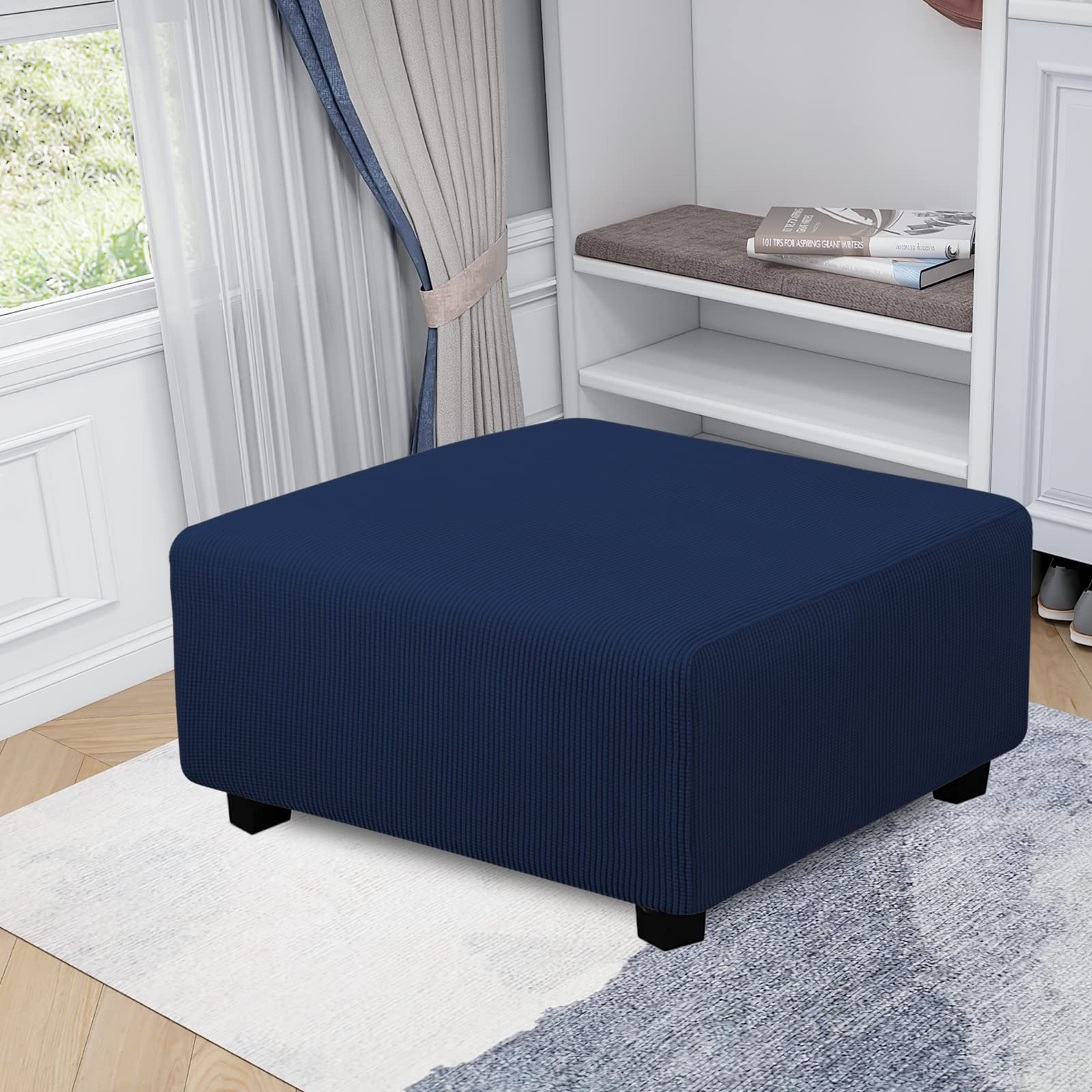 Easy-Going Stretch Square Ottoman Cover 40X40X15 Inch Folding Storage Stool Furniture Protector Soft Rectangle Slipcover With Elastic Bottom Navy