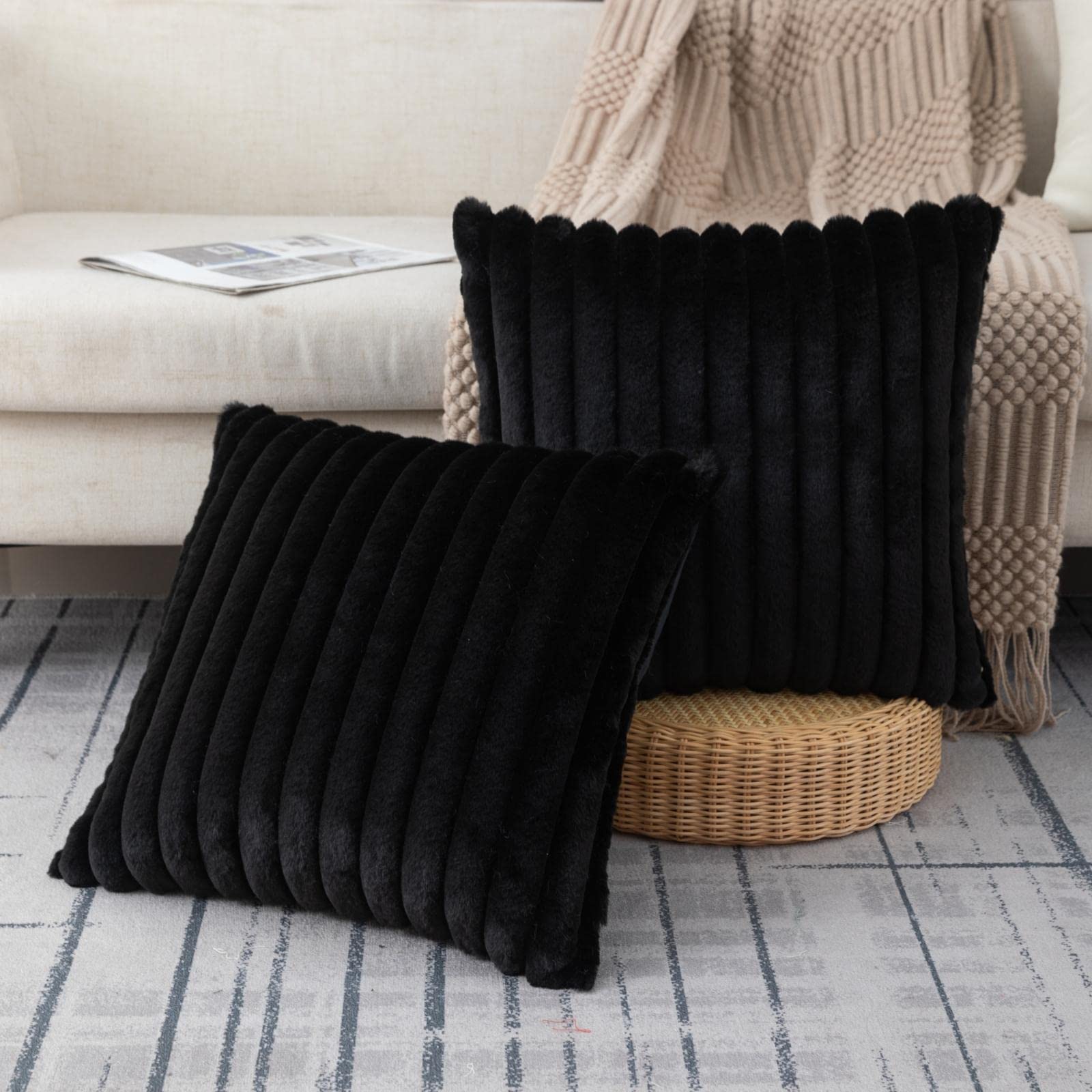 Zlina Set Of 2 Faux Fur Plush Black Throw Pillow Covers Fluffy Striped Pillowcase Cushion Covers For Sofa Couch Bedroom 18X18 In