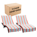 Arkwright Cabo Chaise Lounge Cover - Case Of 12 - Striped Soft Cotton Cabana Towel With Pocket Holder For Beach Pool Outdoor Chair, 30 X 85 In., Crabapple/Pool Blue