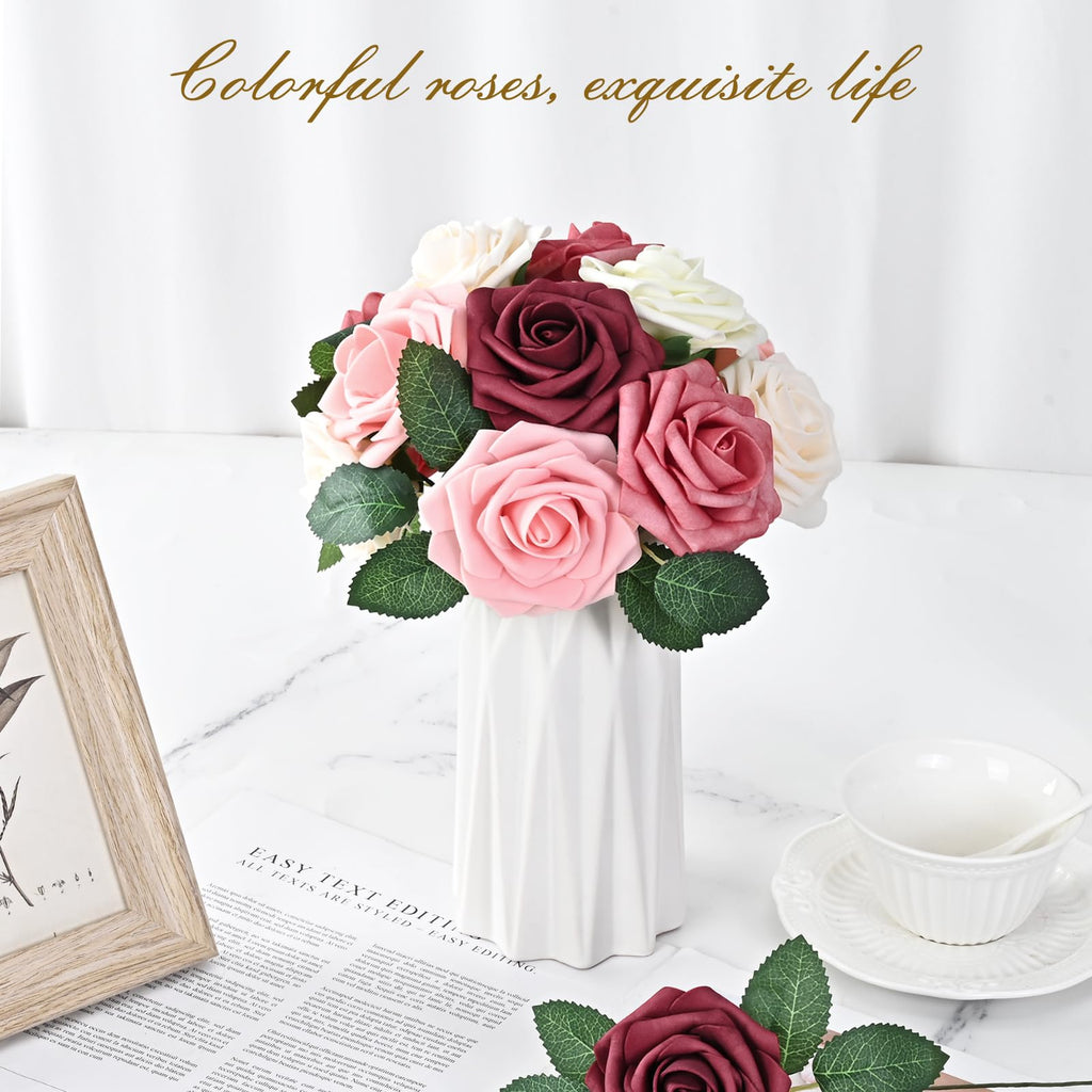 Bleum Cade 36Pcs Artificial Flowers Fake Roses With Stems, Gradient Burgundy Boxed Foam Roses For Diy Bouquets Centerpieces Wedd