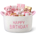 Yungyan Happy Birthday Cotton Rope Basket with Handles, Pink