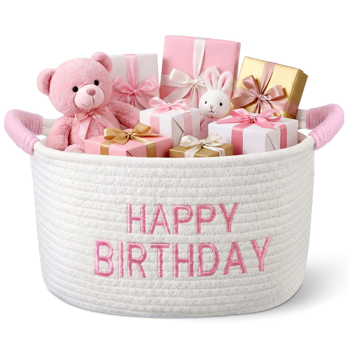 Yungyan Happy Birthday Cotton Rope Basket with Handles, Pink