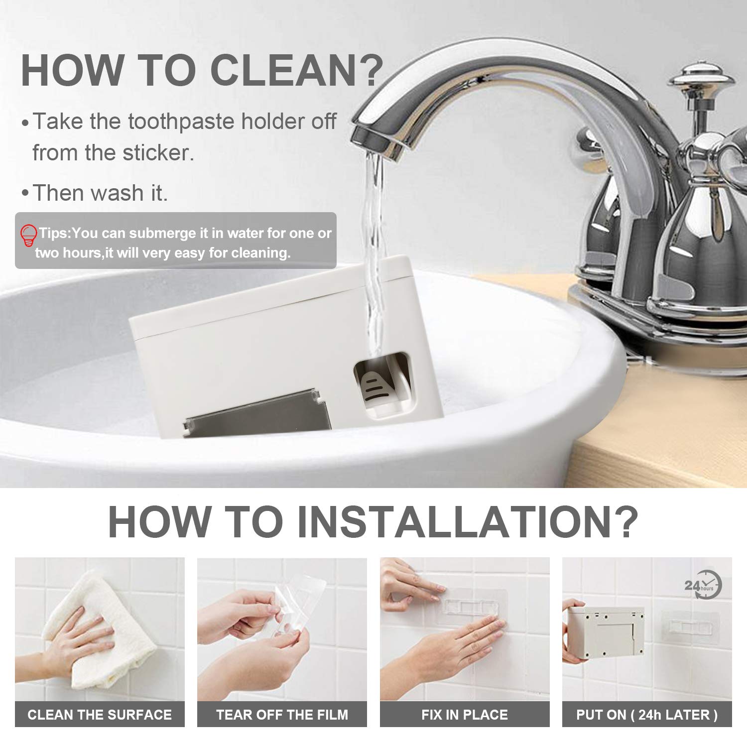 Houvillage Toothpaste Dispenser Toothbrush Holder Set, Toothpaste Squeezer Tooth Brush Holder Set Holder With Anti-Dust Cover, 3